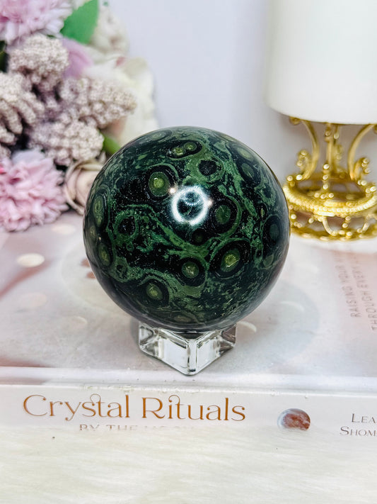Large Green Kambaba Jasper Sphere on Stand 517g