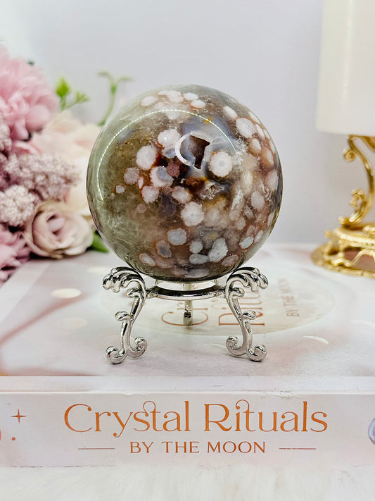 Green Druzy Cherry Blossom Agate Sphere on Stand 335grams