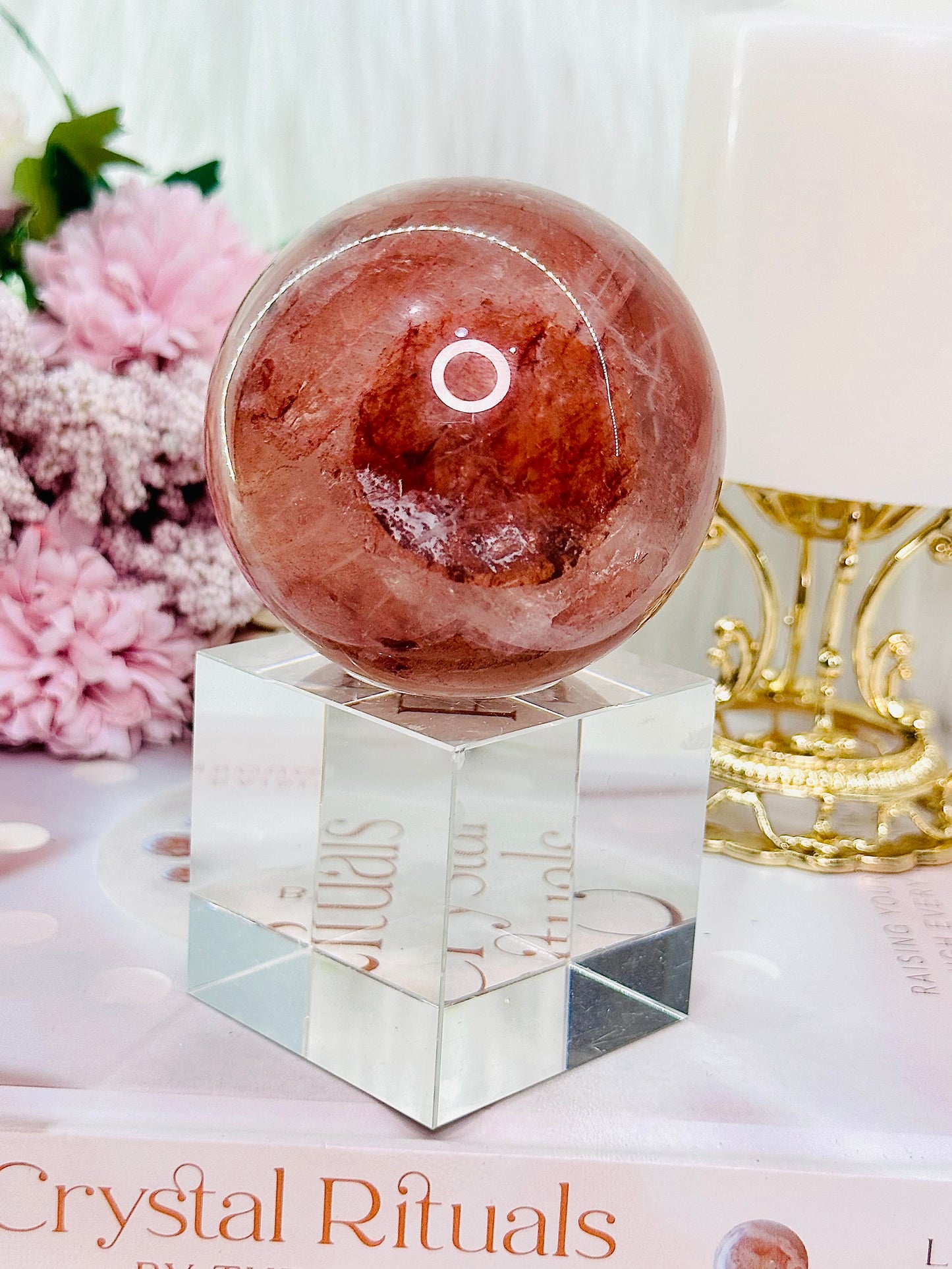 Absolutely Incredible Large 443gram Red Fire Quartz | Hematoid Quartz Sphere with Flash On Stand (Glass stand in pic is display only)