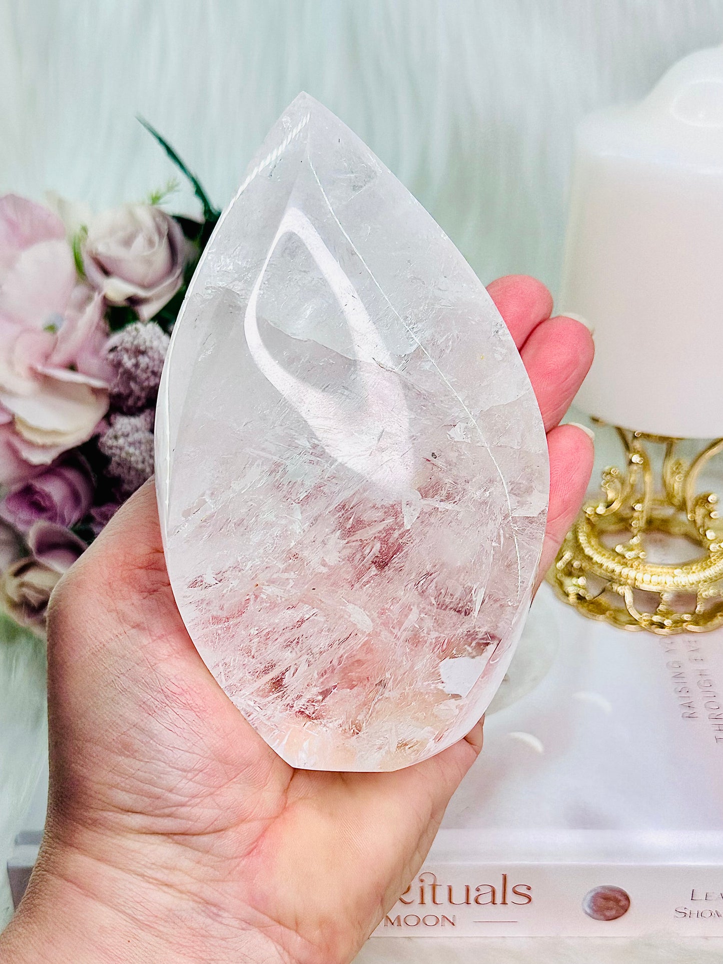 The Most Absolutely Stunning High Grade Large Clear Quartz Carved Flame | Freeform with Rainbows From Brazil 677grams