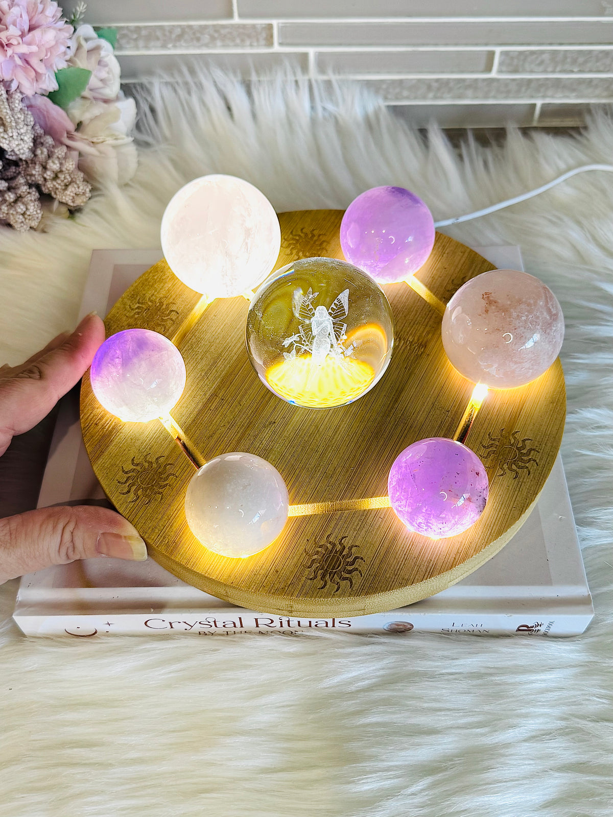 Feminine Energy ~ Large Light Stand 20cm with Glass Fairy Sphere, 3 Amethyst Spheres, Rose Quartz Sphere & 2 Pink Amethyst Spheres