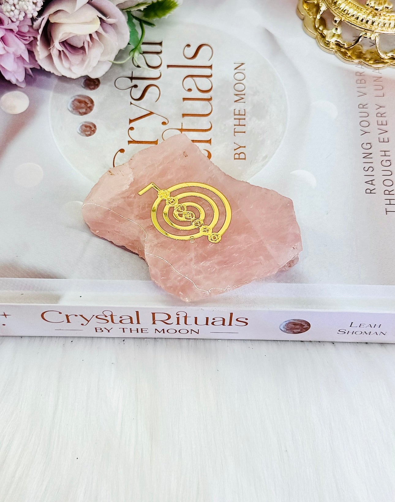 Natural Rose Quartz Slab with Gold Reike Symbol