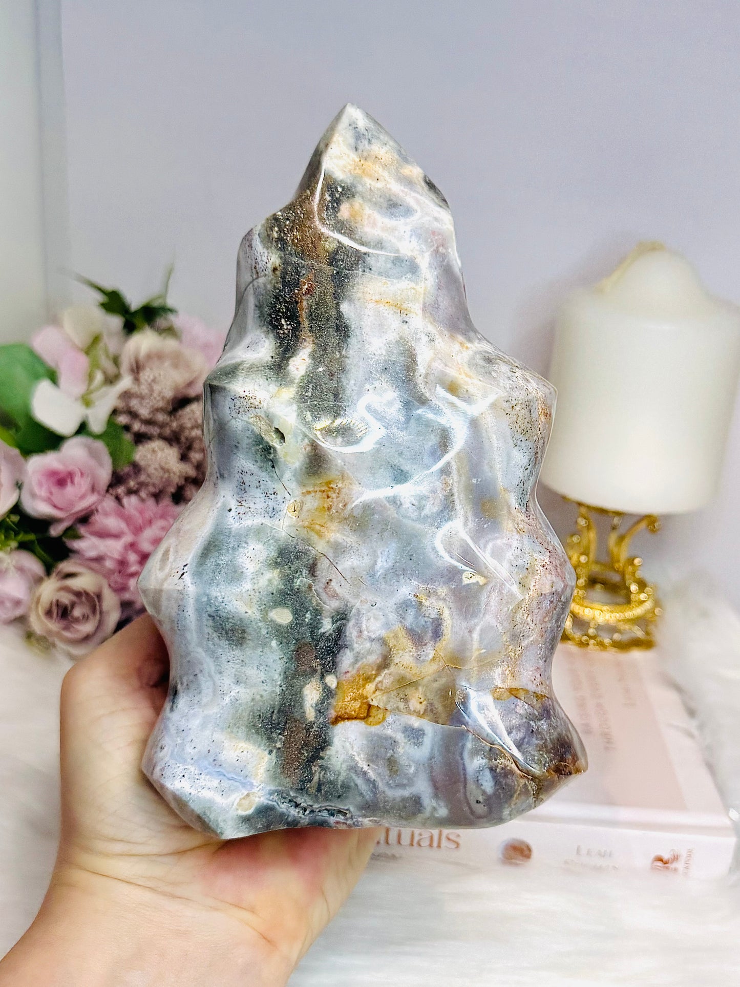 Large Ocean Jasper Carved Flame 17.5cm 1.49KG