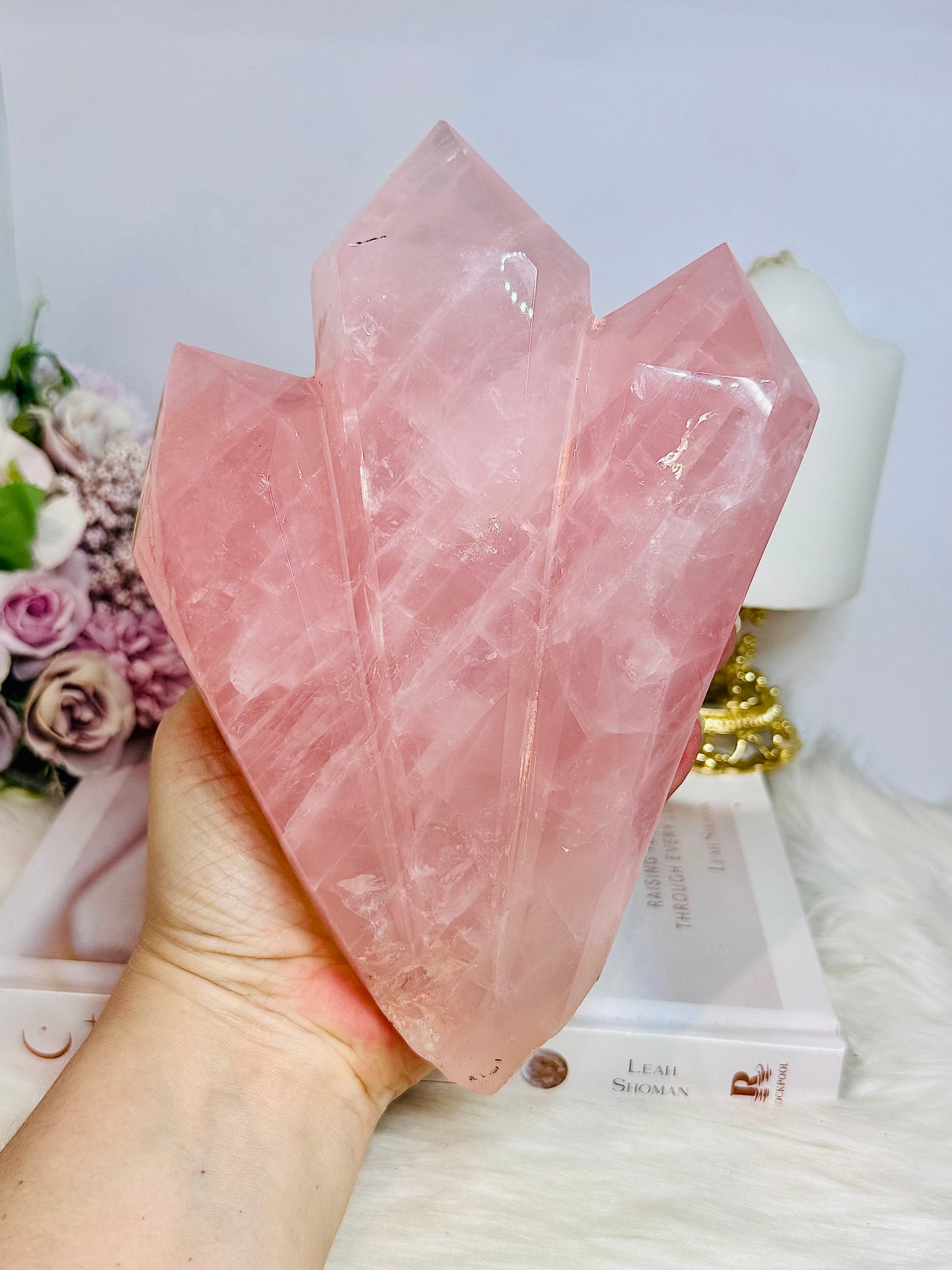 Huge High Grade Rose Quartz Carved Triple Tower on Stand 1.2KG 19cm