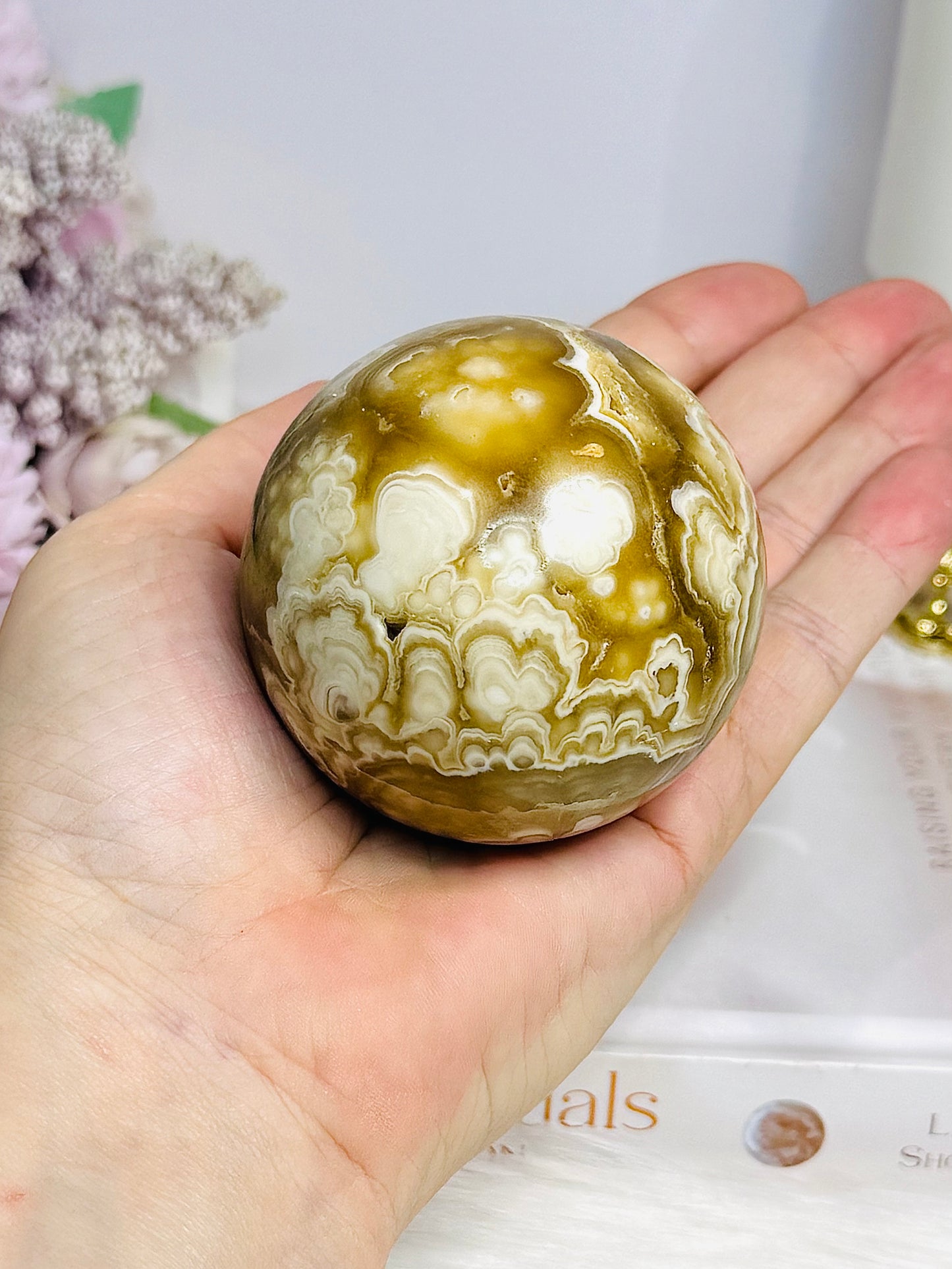 Large Amber Calcite Sphere on Stand 327g