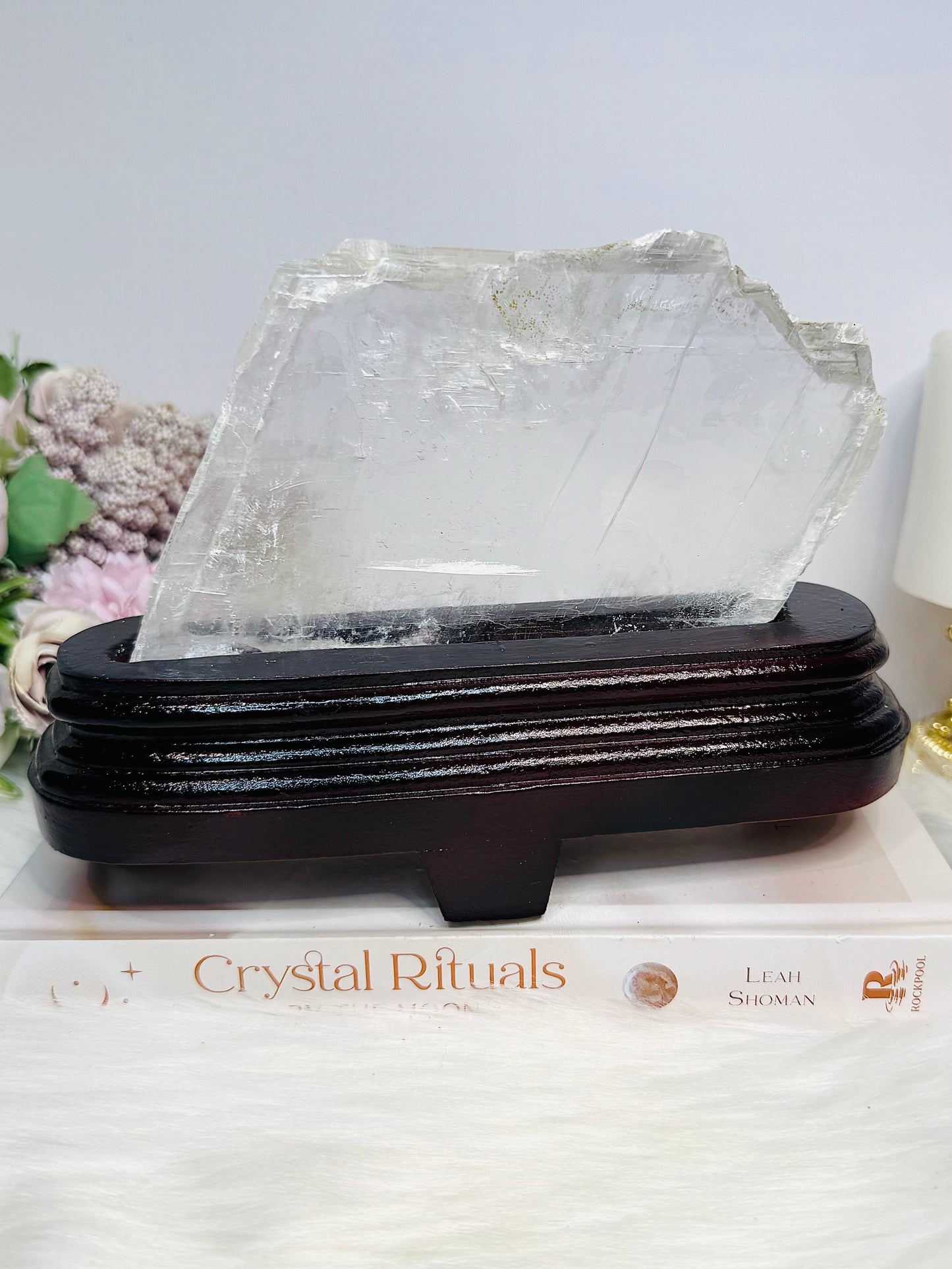 Natural Large Selenite Slab on Timber Stand 19.5cm 701g