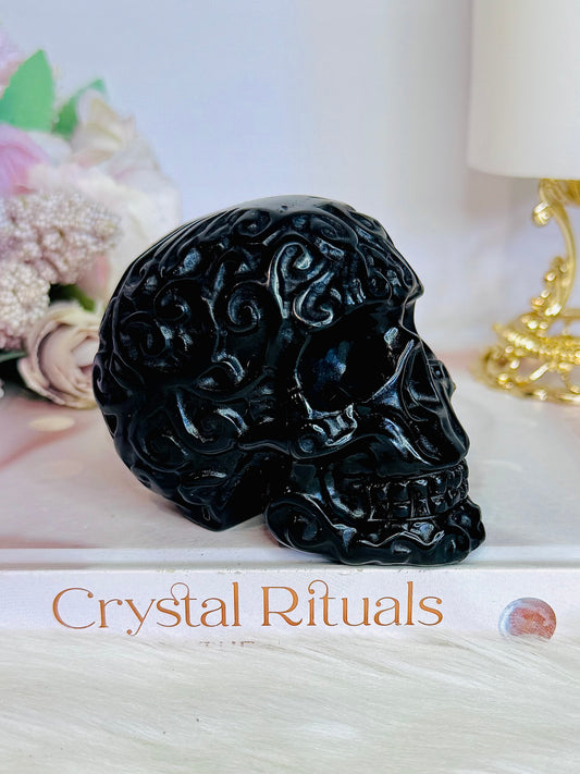 Black Obsidian Filigree Carved Skull 9cm 417g