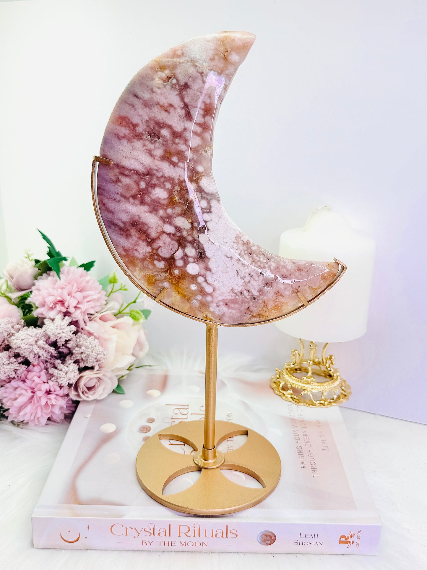 Absolutely Spectacular Large 28cm (Inc Standing) Druzy Pink Amethyst Carved Moon On Gold Stand From Brazil