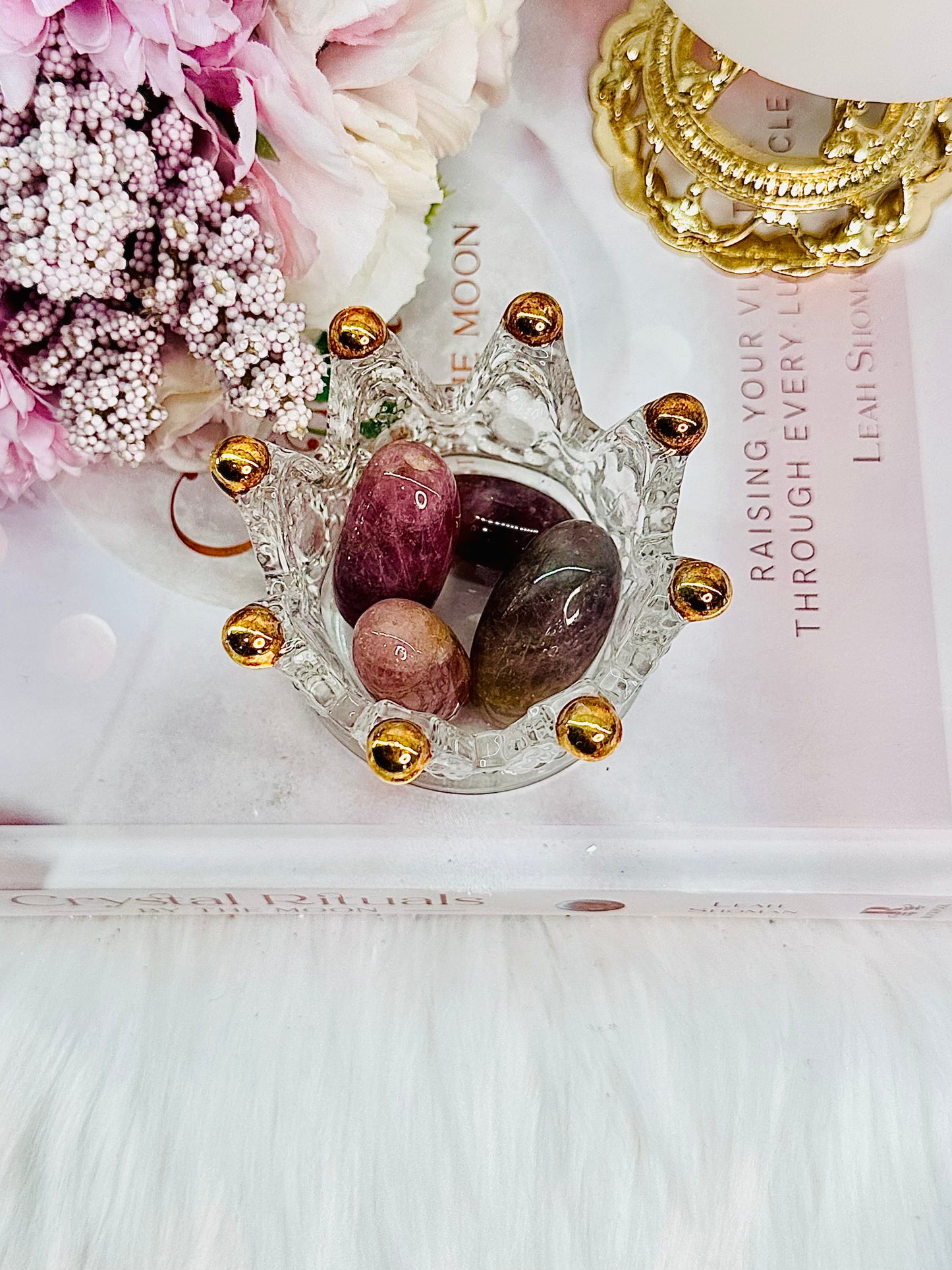 Beautiful Glass Crown with Lavender Rose Quartz Tumbles