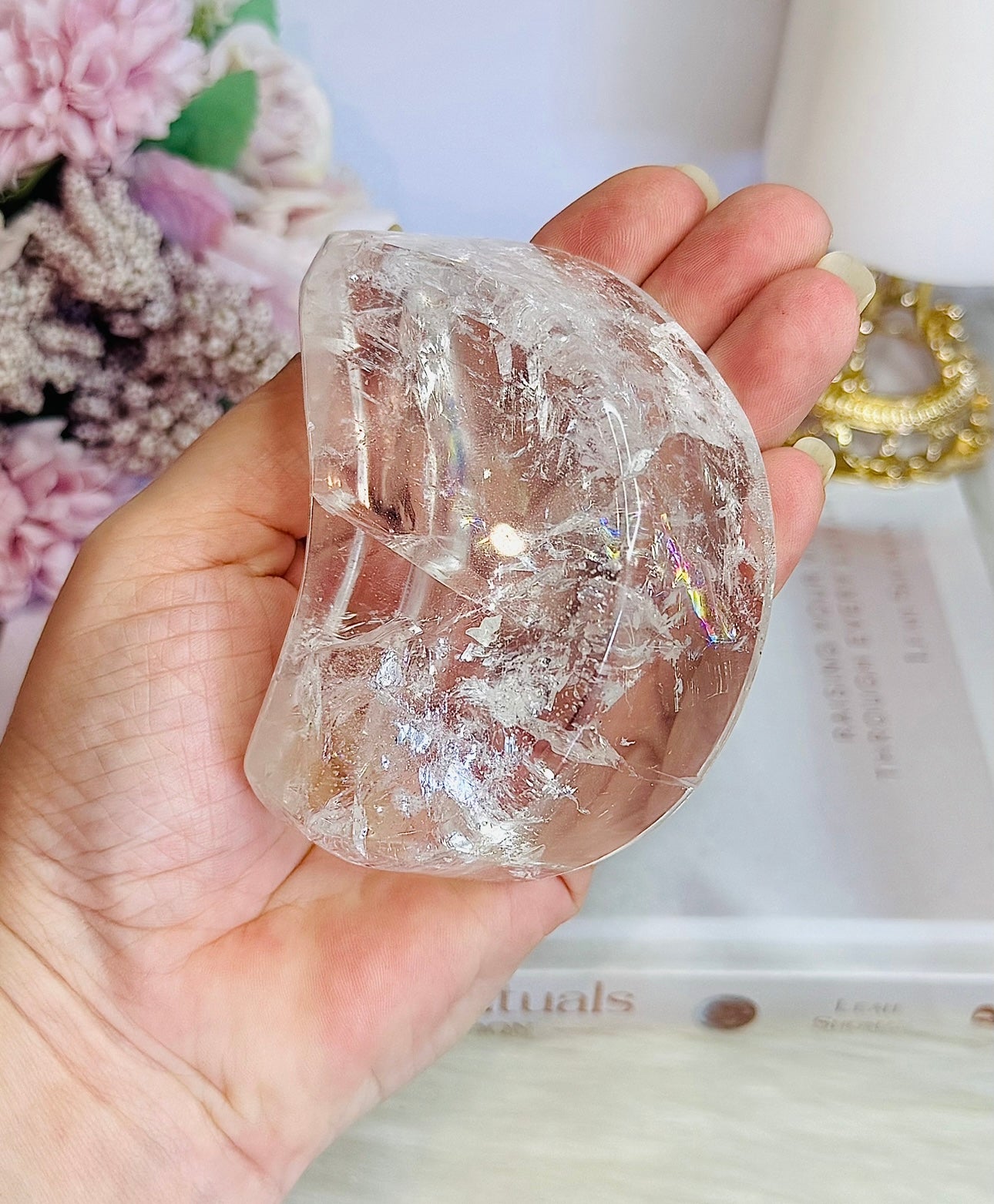 High Grade Clear Quartz Chunky Moon Bowl with Rainbows 9cm