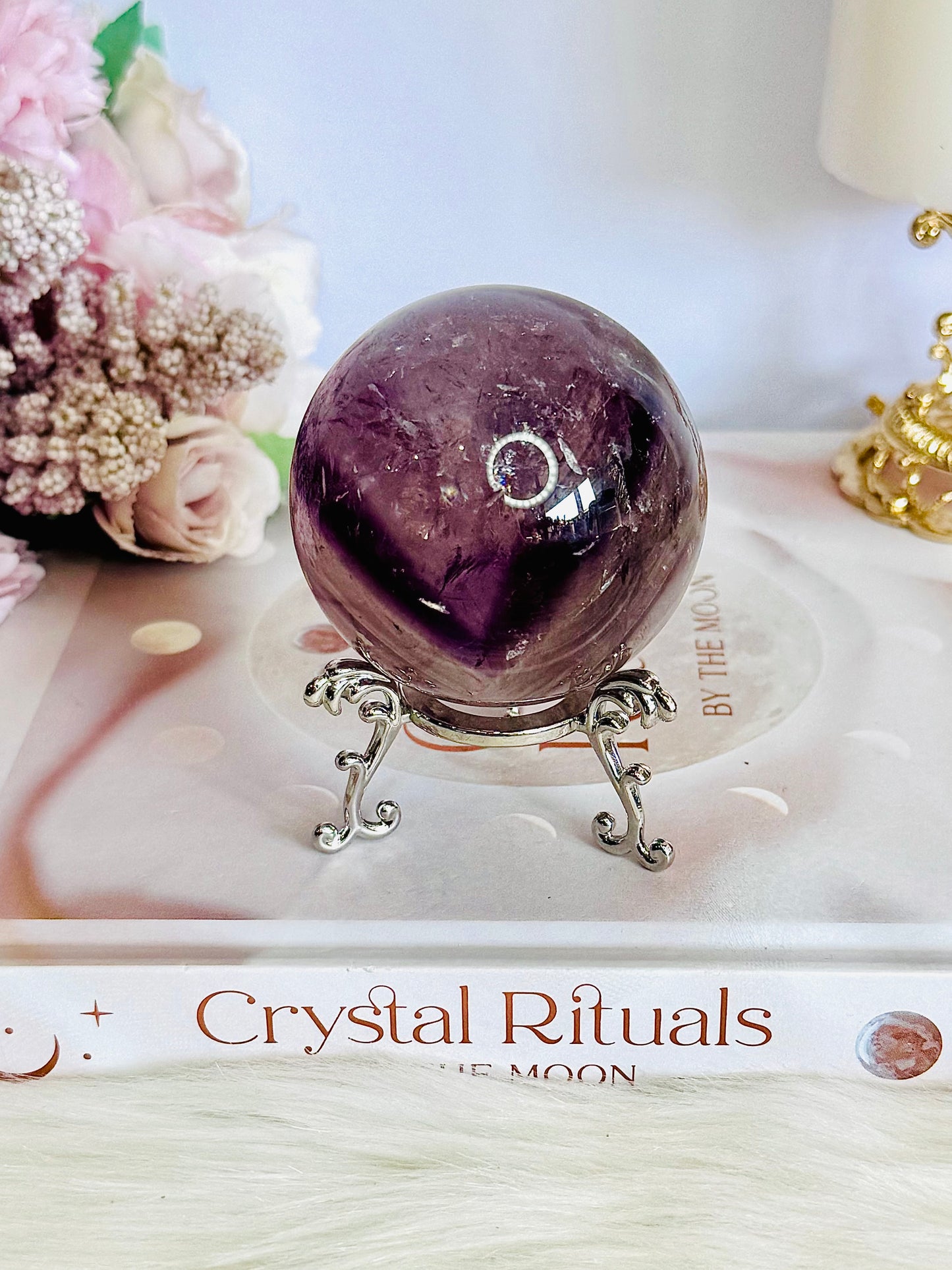 Incredible Phantom Amethyst Sphere with Rainbows 261grams On Stand