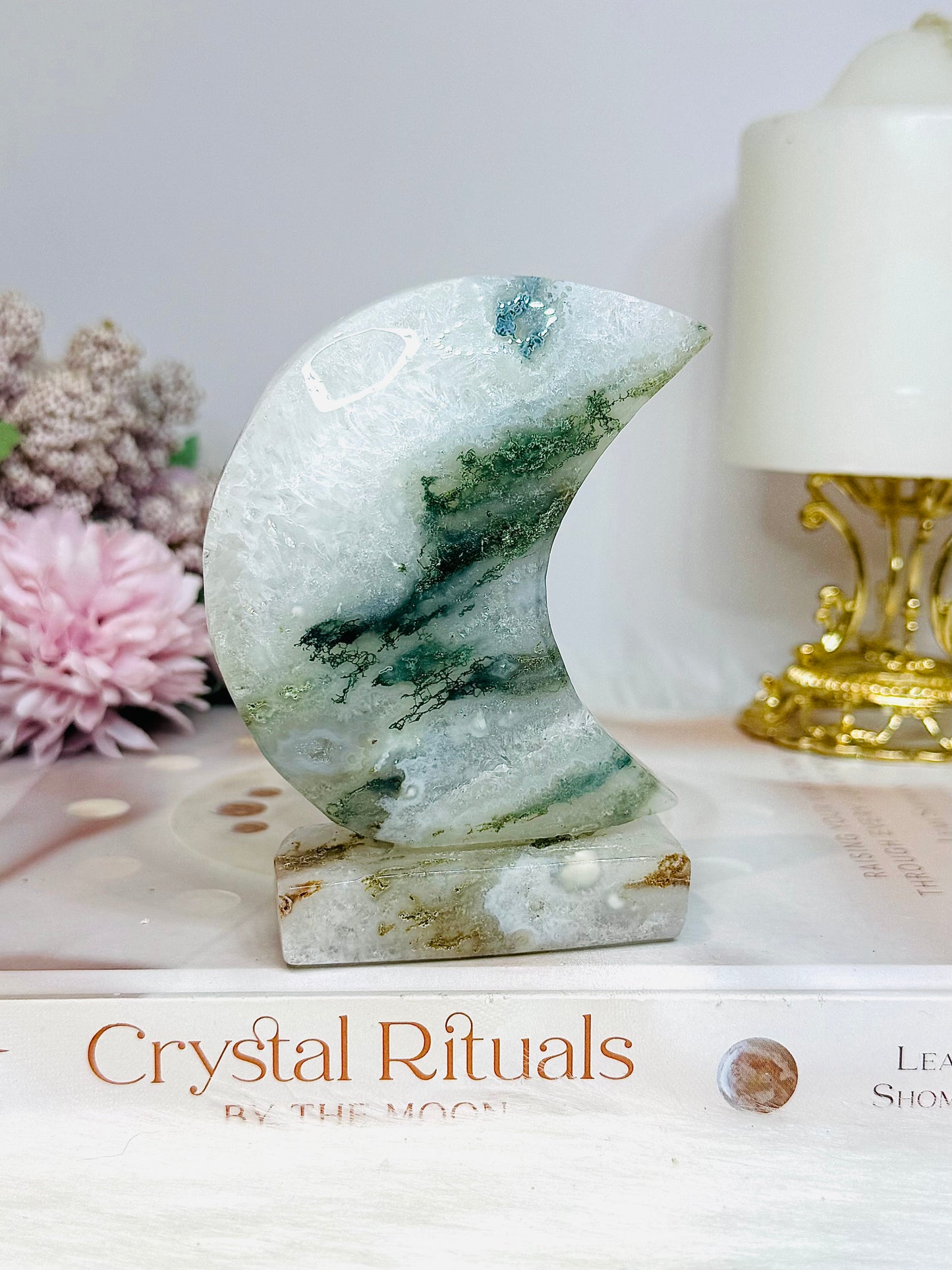 Moss Agate Druzy Moon On Stand 10cm 262g