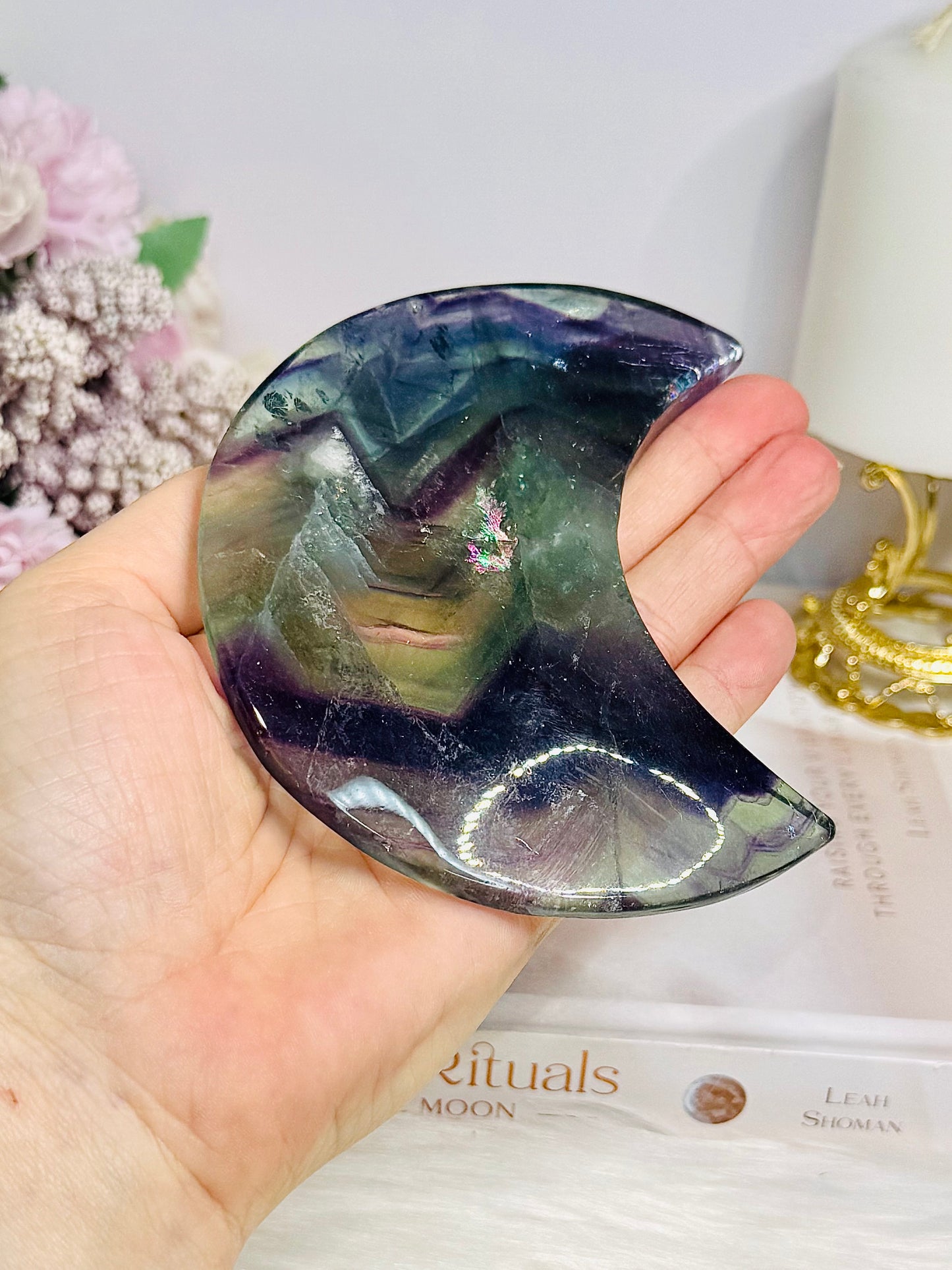 Fluorite Moon with Rainbows On Stand 11cm