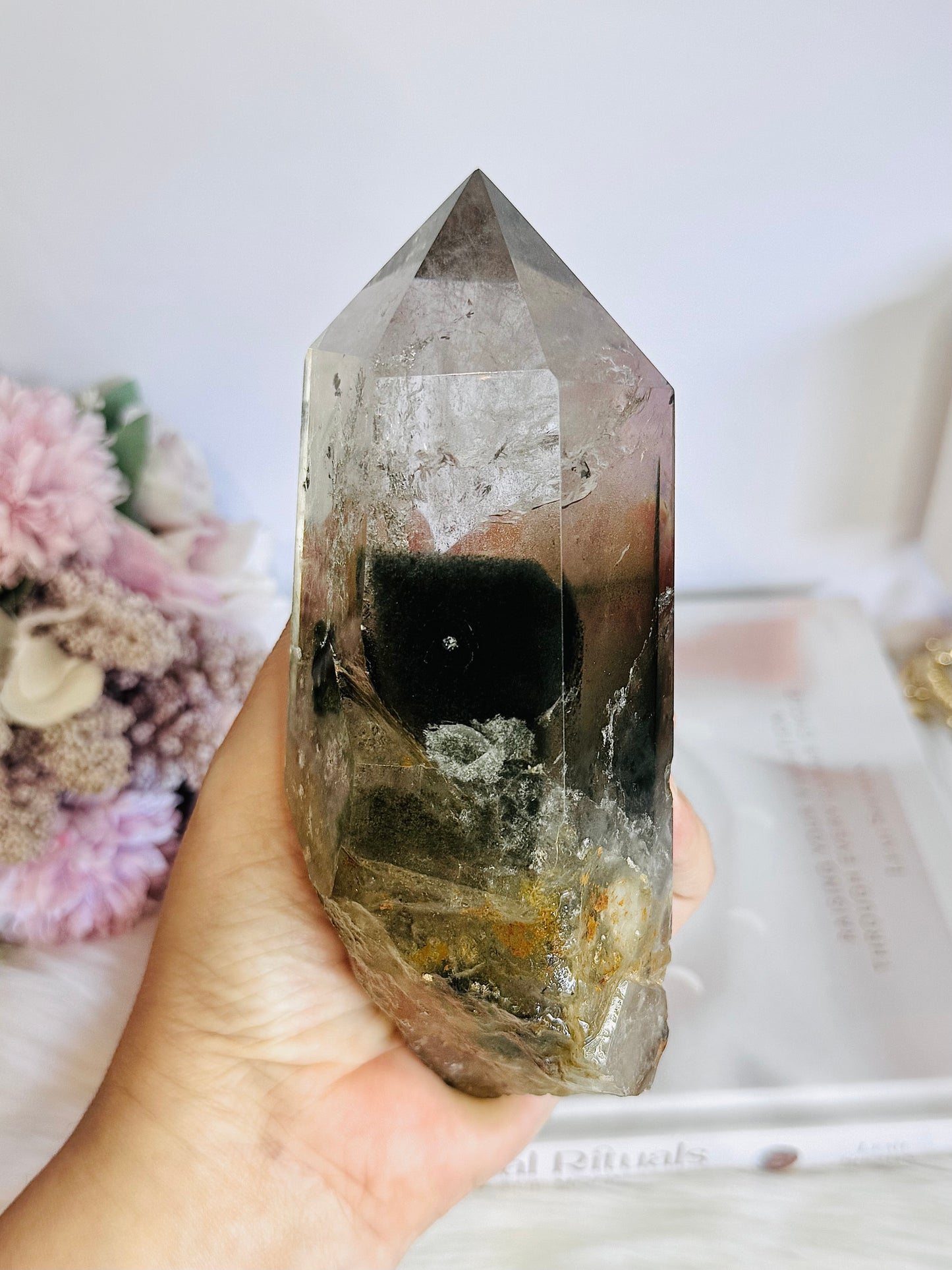 Stunning Large Garden Quartz | Lodolite Tower on Timber Base 938grams 27cm