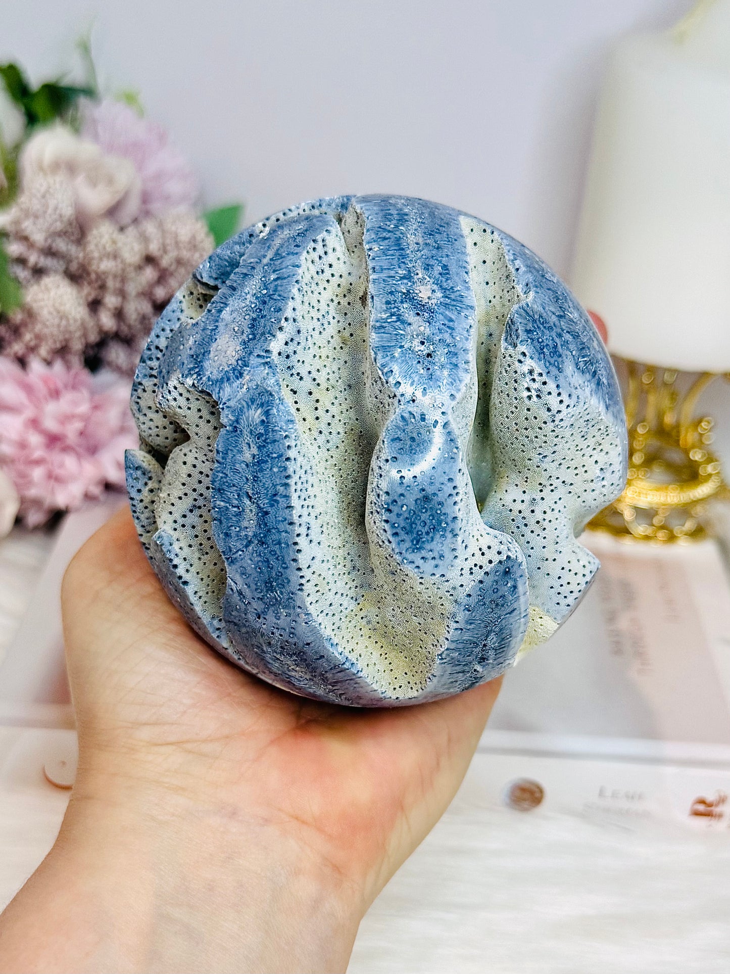 Rare Natural Large Blue Coral Fossil Sphere 732g