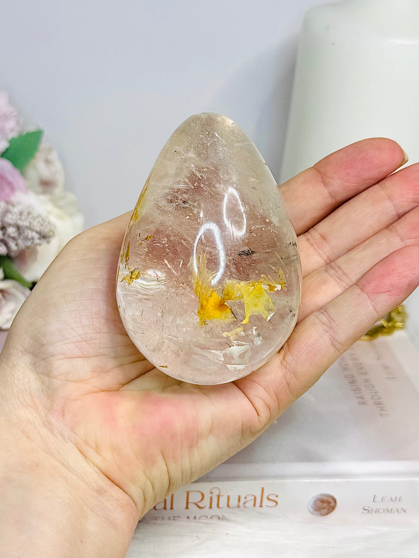 Large Clear Quartz With Golden Healer Inclusions Egg On Stand 7cm 318g