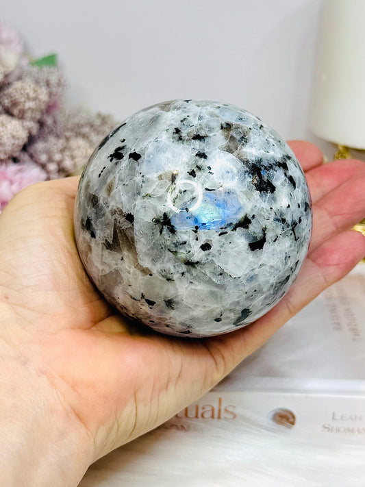 Large Rainbow Moonstone Sphere on Stand with Blue Flash 617g