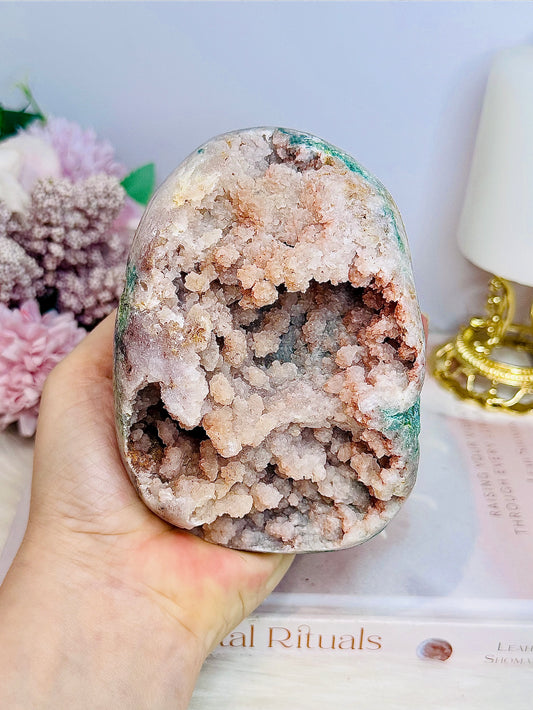 Large Natural Pink Amethyst Base Cut Freeform Cluster with Green Jasper Inclusions 762g