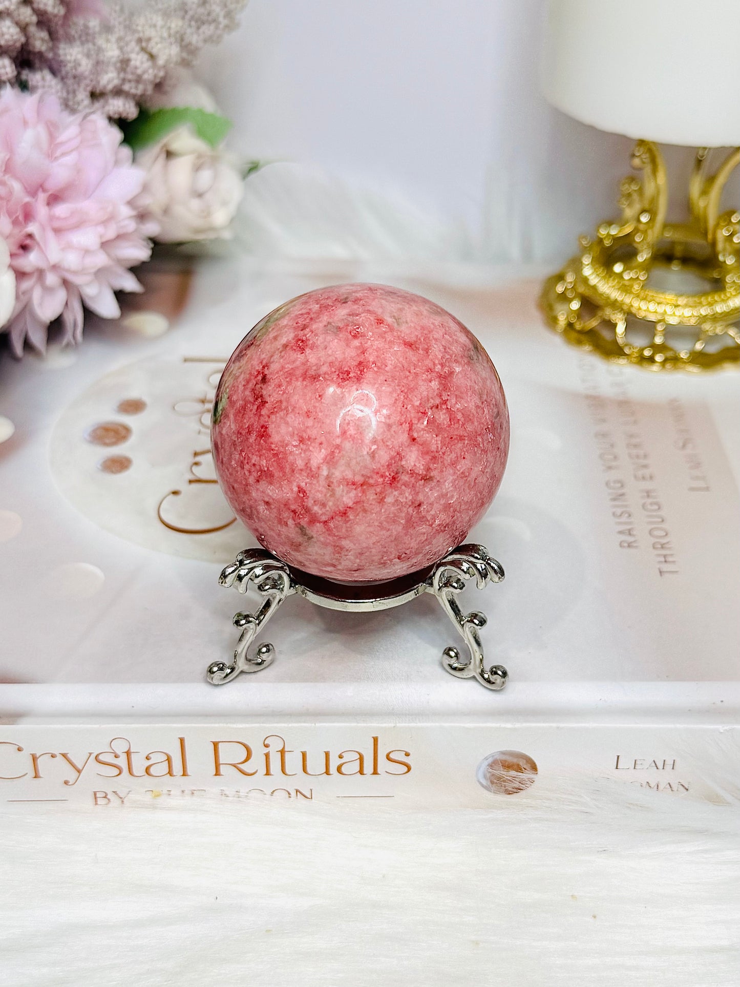 Thulite Sphere with Epidote 204g On Stand