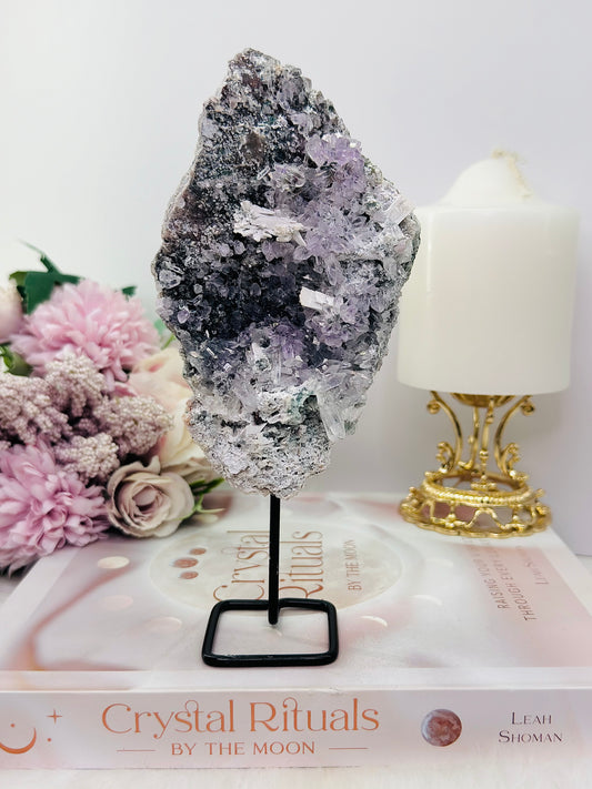 Tall 18cm Natural Zeolite | Flower Amethyst Slab on Stand From Brazil