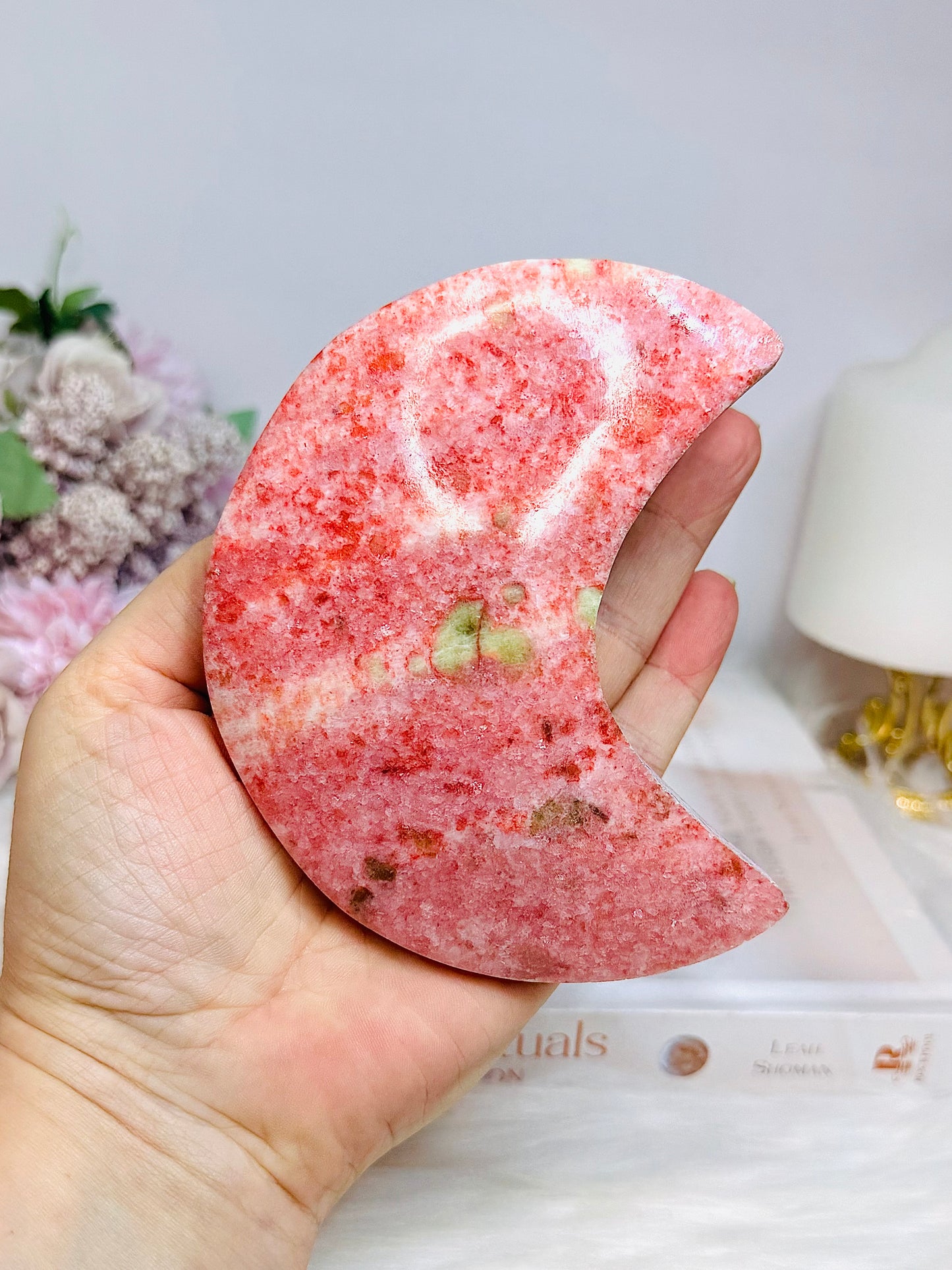 Large Rare Thulite with Epidote Carved Moon on Stand 377g