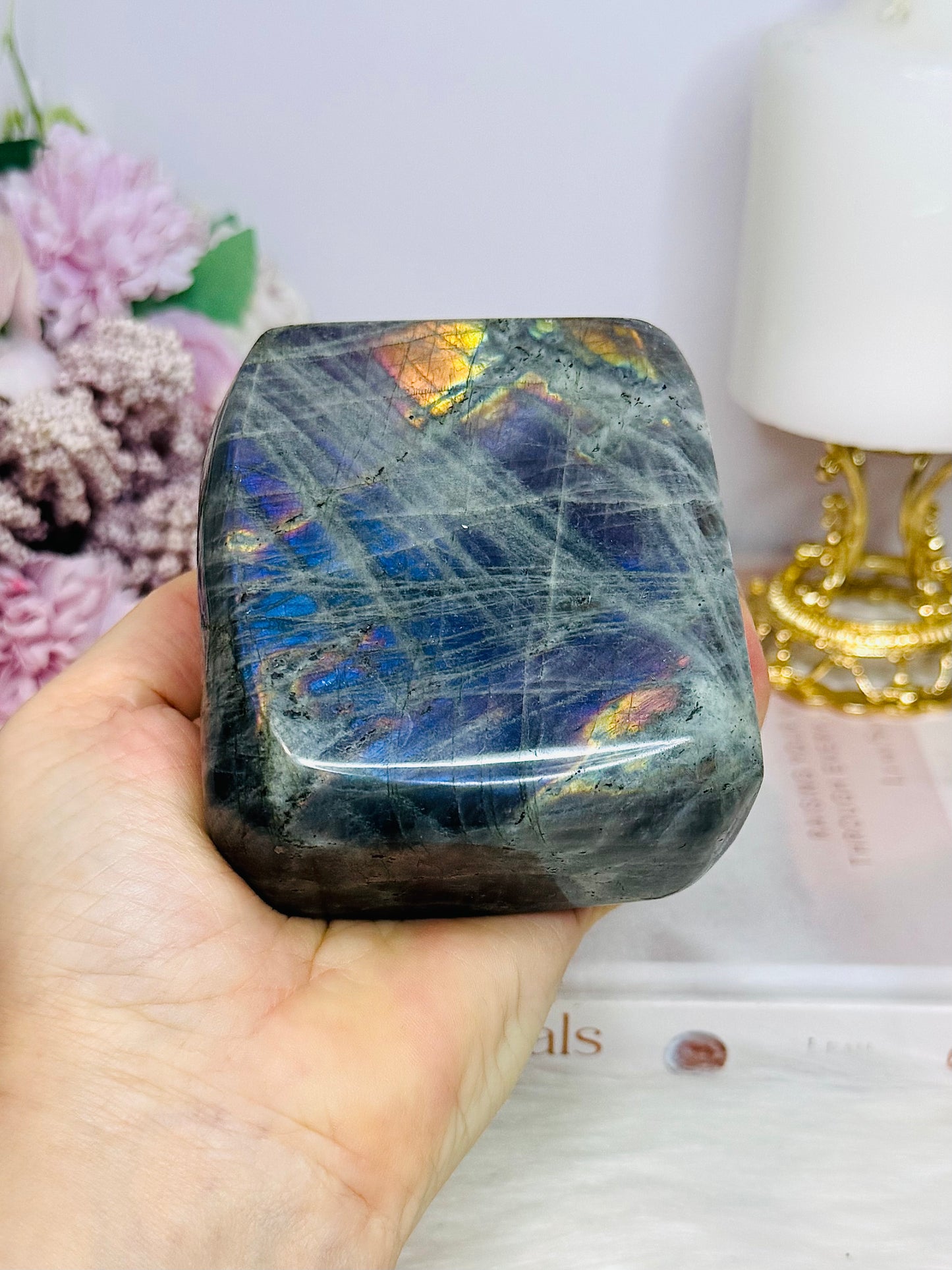 Large Polished Labradorite Freeform 638g with Pink & Purple Flash (looks blue but is purple)