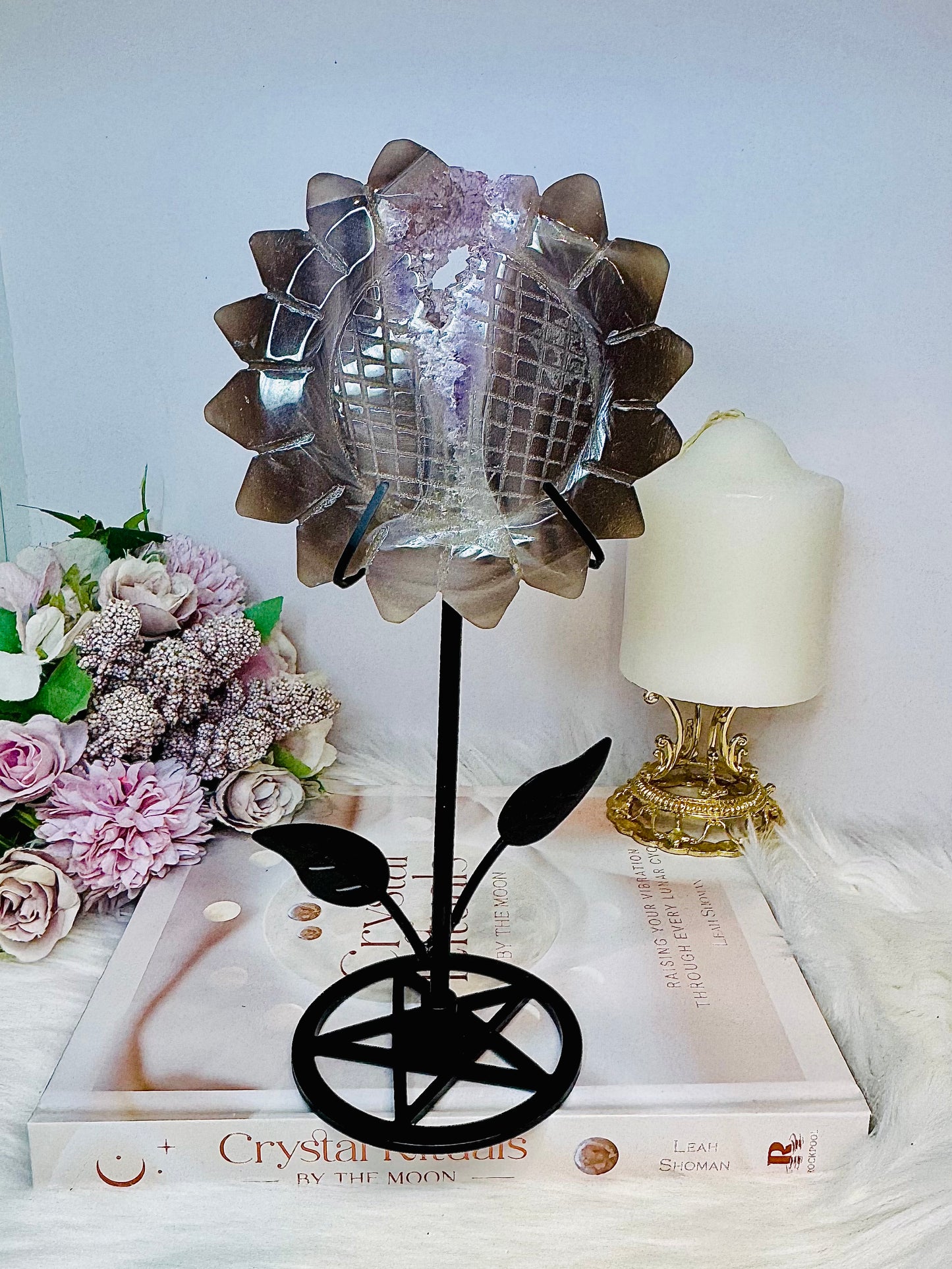 Large Druzy Amethyst X Agate Sun Flower Carving on Stand 23cm