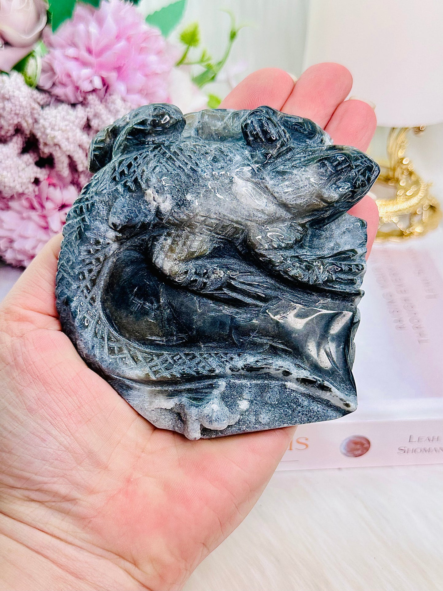 Amazing Druzy Moss Agate Lizard Carving 10cm 246grams