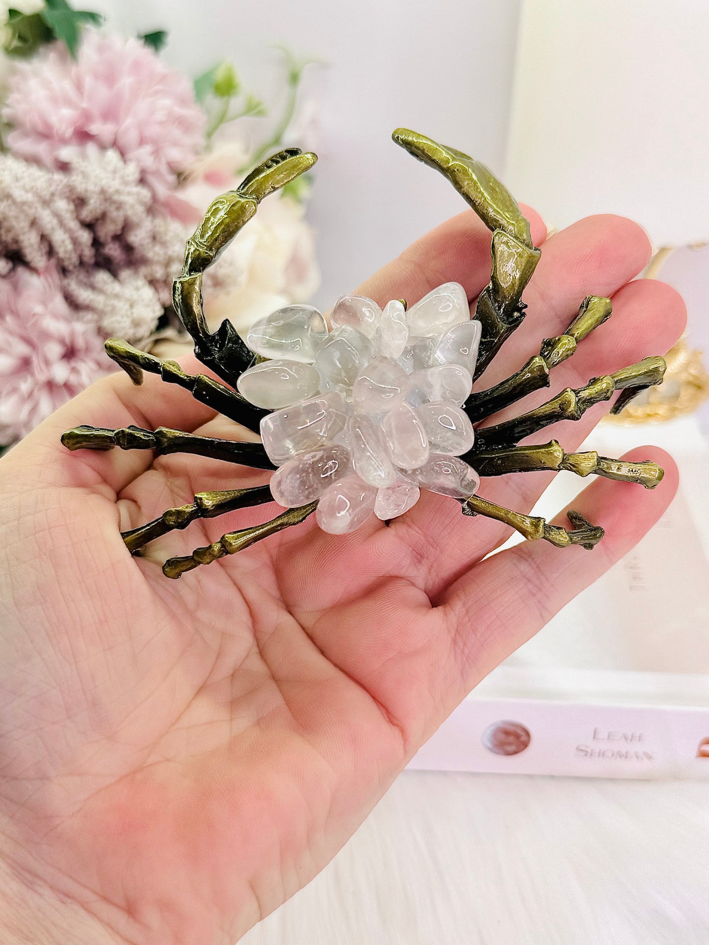 Stunning Large Rose Quartz Crab with Gold Metal Legs