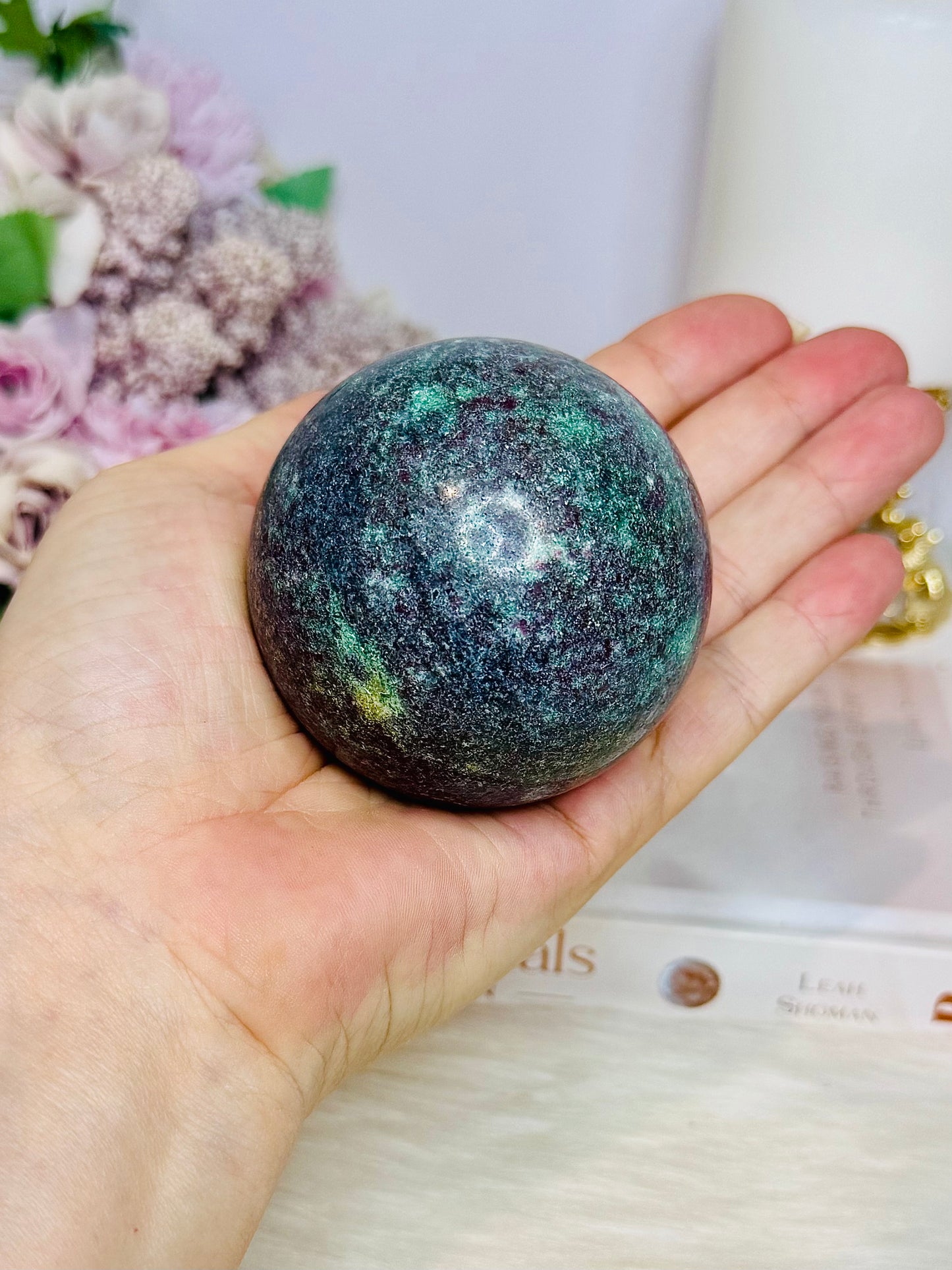 Ruby in Kyanite (UV Reactive) Sphere on Timber Stand 447g