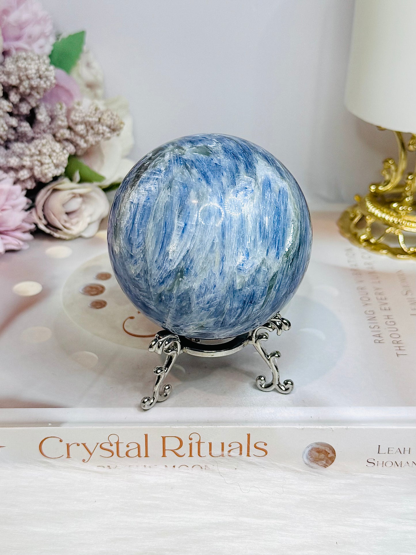 Blue Kyanite Sphere on Stand 560g On Stand