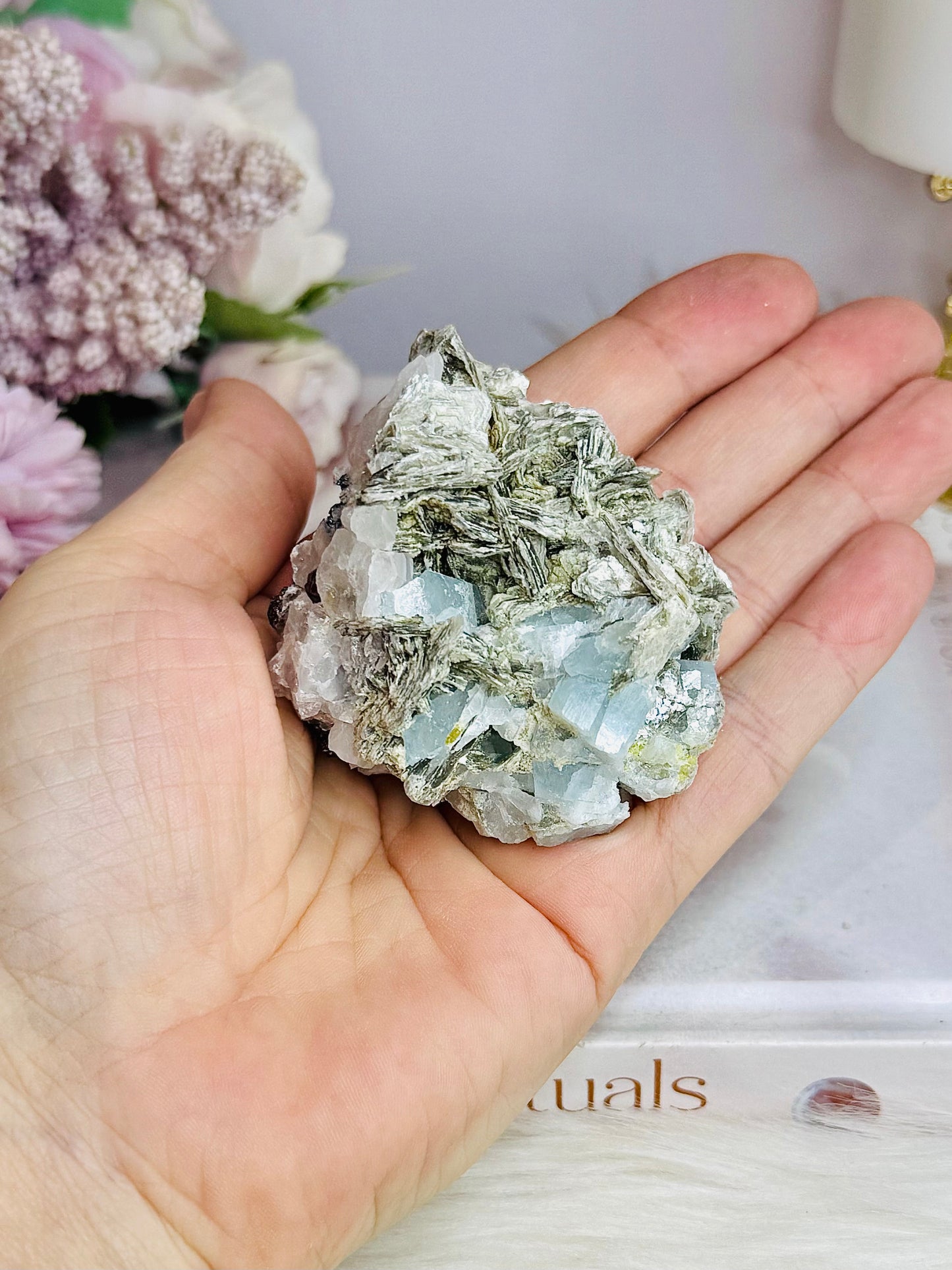 Rare Natural Aquamarine In Mica Specimen on Stand 110g