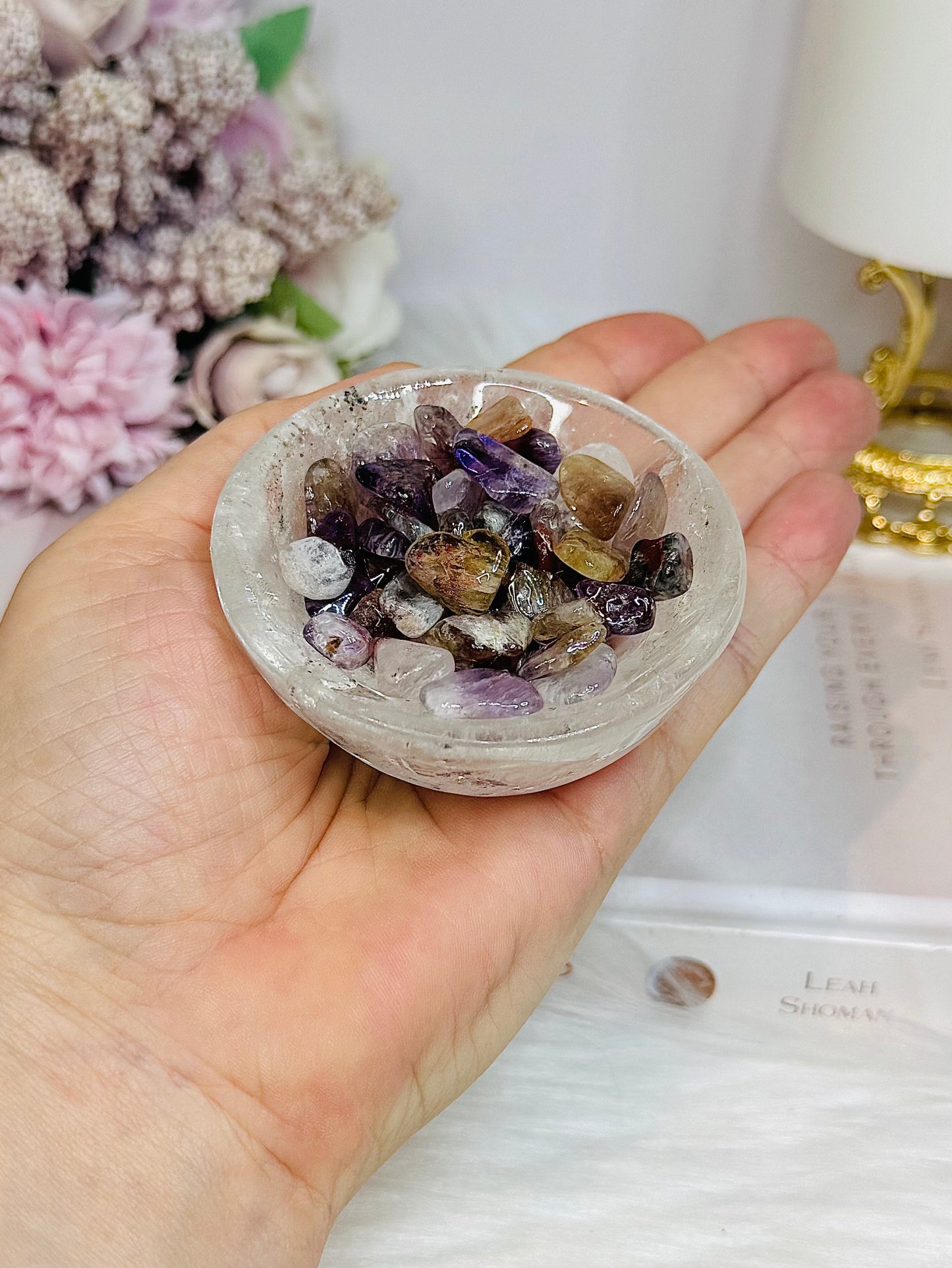 Clear Quartz Small Bowl with Rare Auralite 23 Chips 174g