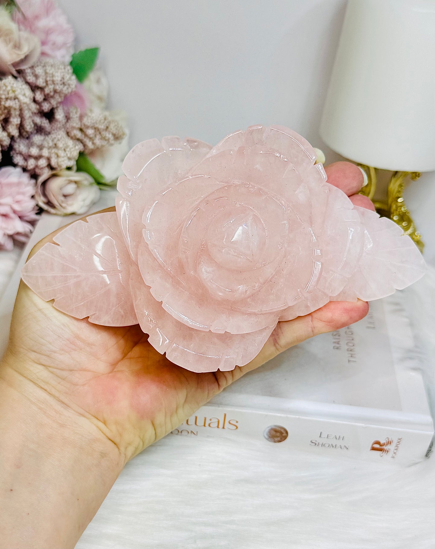 Large Rose Quartz Carved Rose | Flower 15.5cm