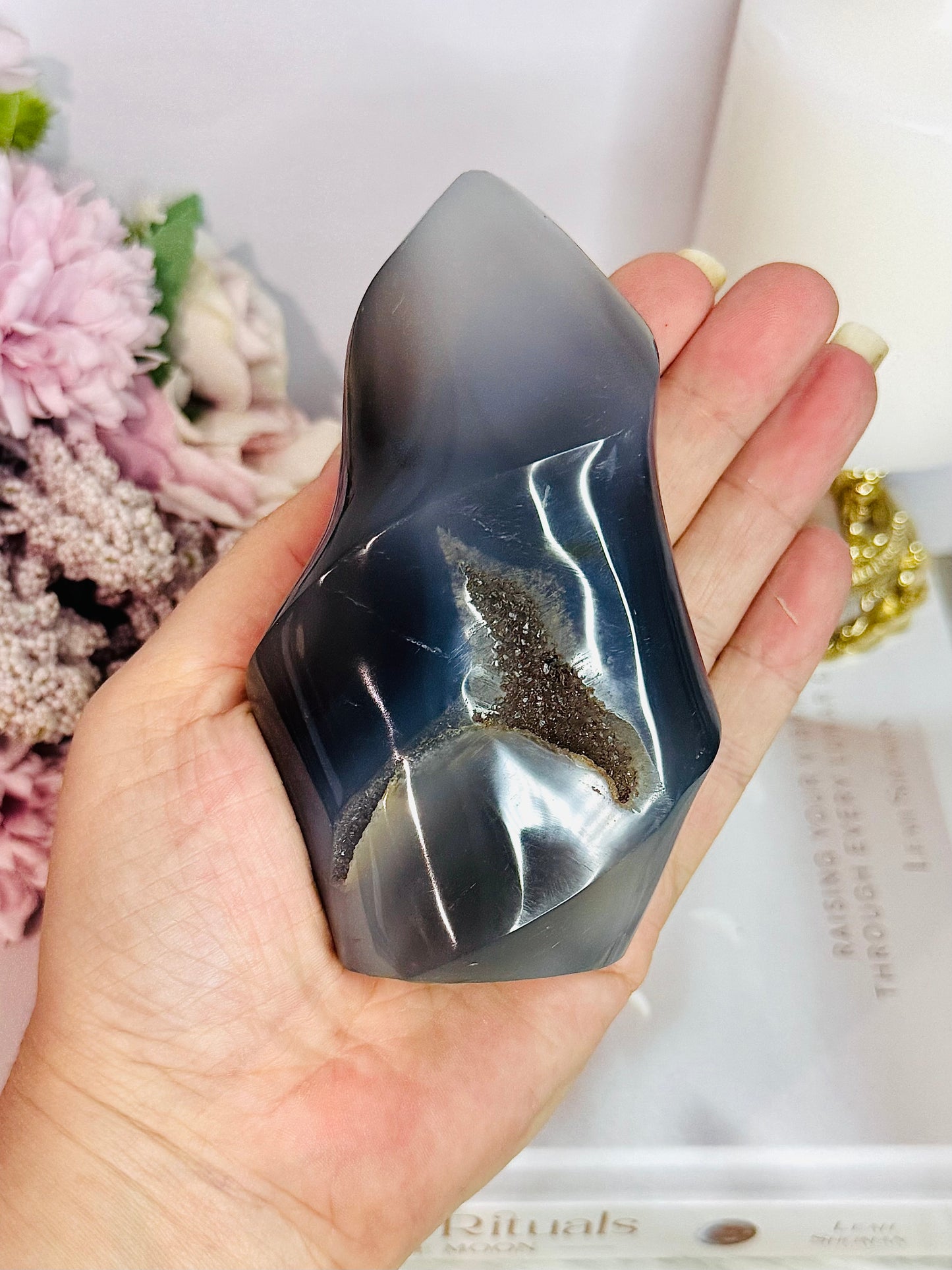 Beautiful Druzy Orca Agate Flame Carving 11cm