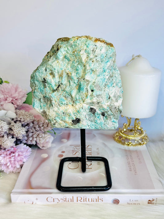 Raw Rough Natural Green Amazonite With Smokey Quartz Inclusions 1.56KG 20cm On Stand From Brazil