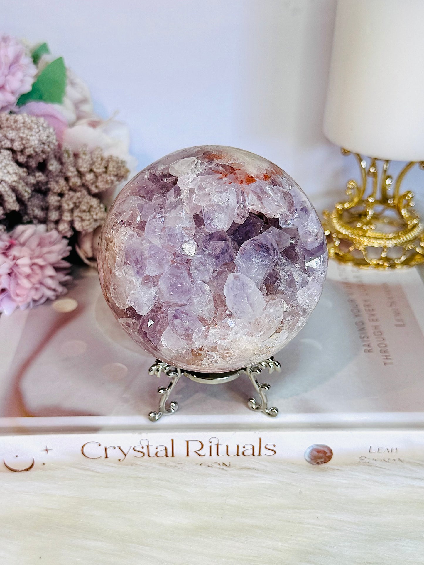 Classy & Fabulous High Grade Pink Amethyst Druzy Sphere On Stand From Brazil 702grams