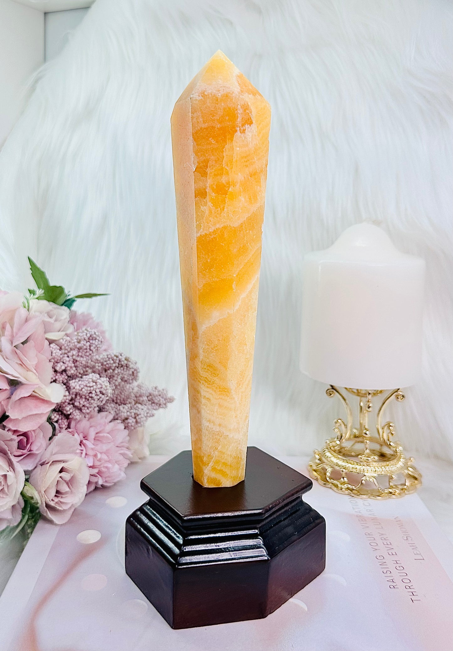 Emotional Healing ~ Stunning Large 24cm Orange Calcite Obelisk | Tower on Timber Stand