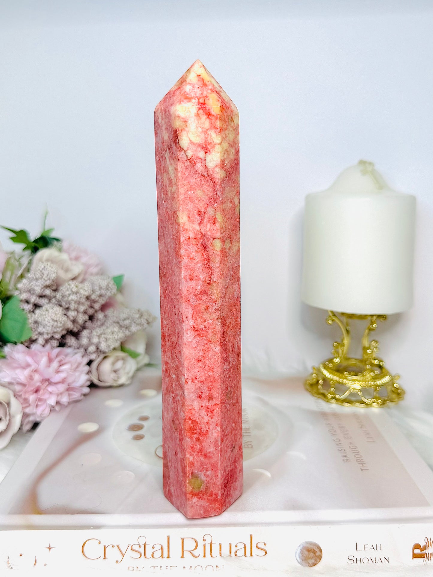 Rare Large Thulite Tower with Epidote Inclusions 20cm