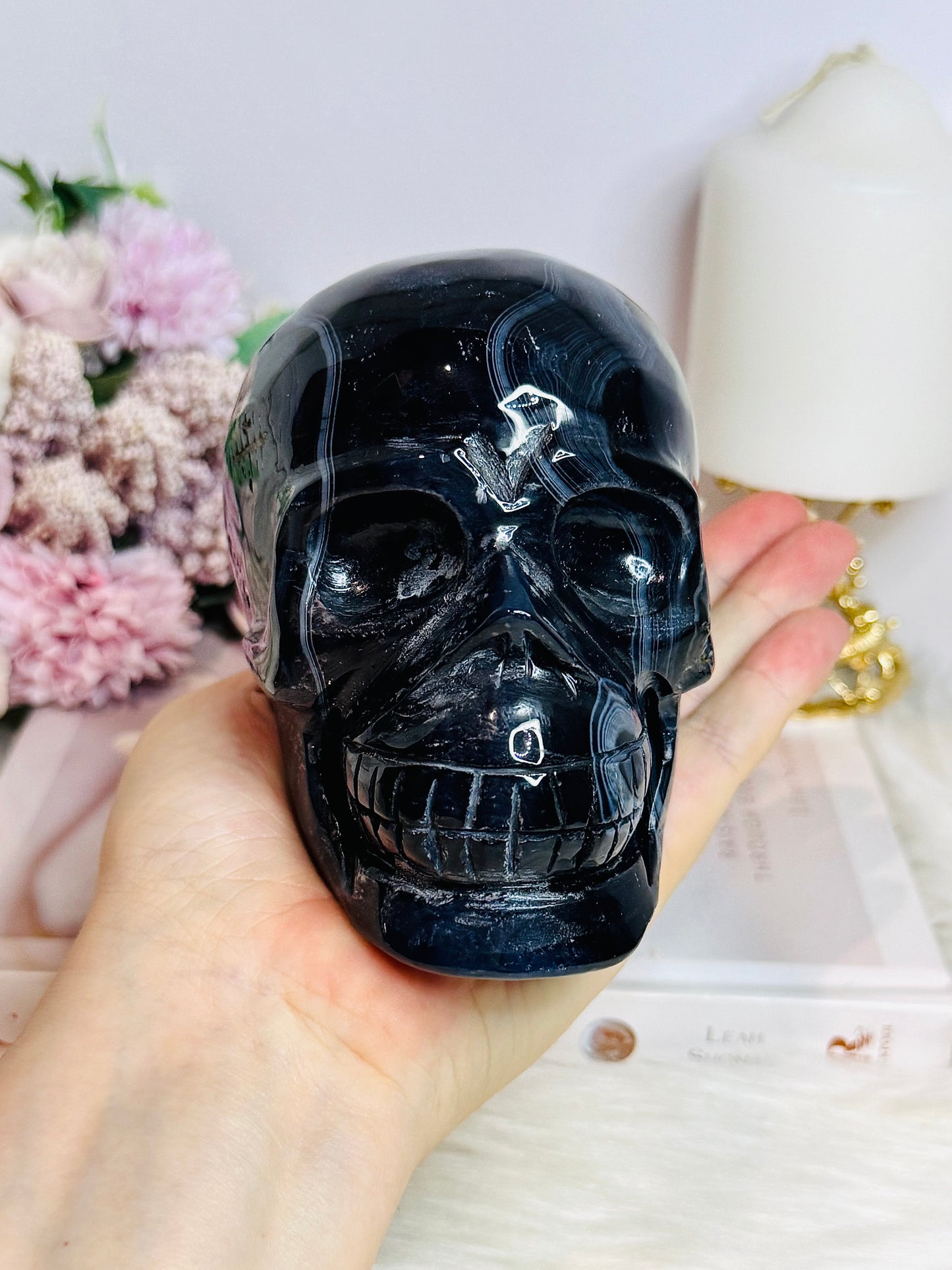 Huge Black Agate Carved Skull 11.5cm 1.24KG