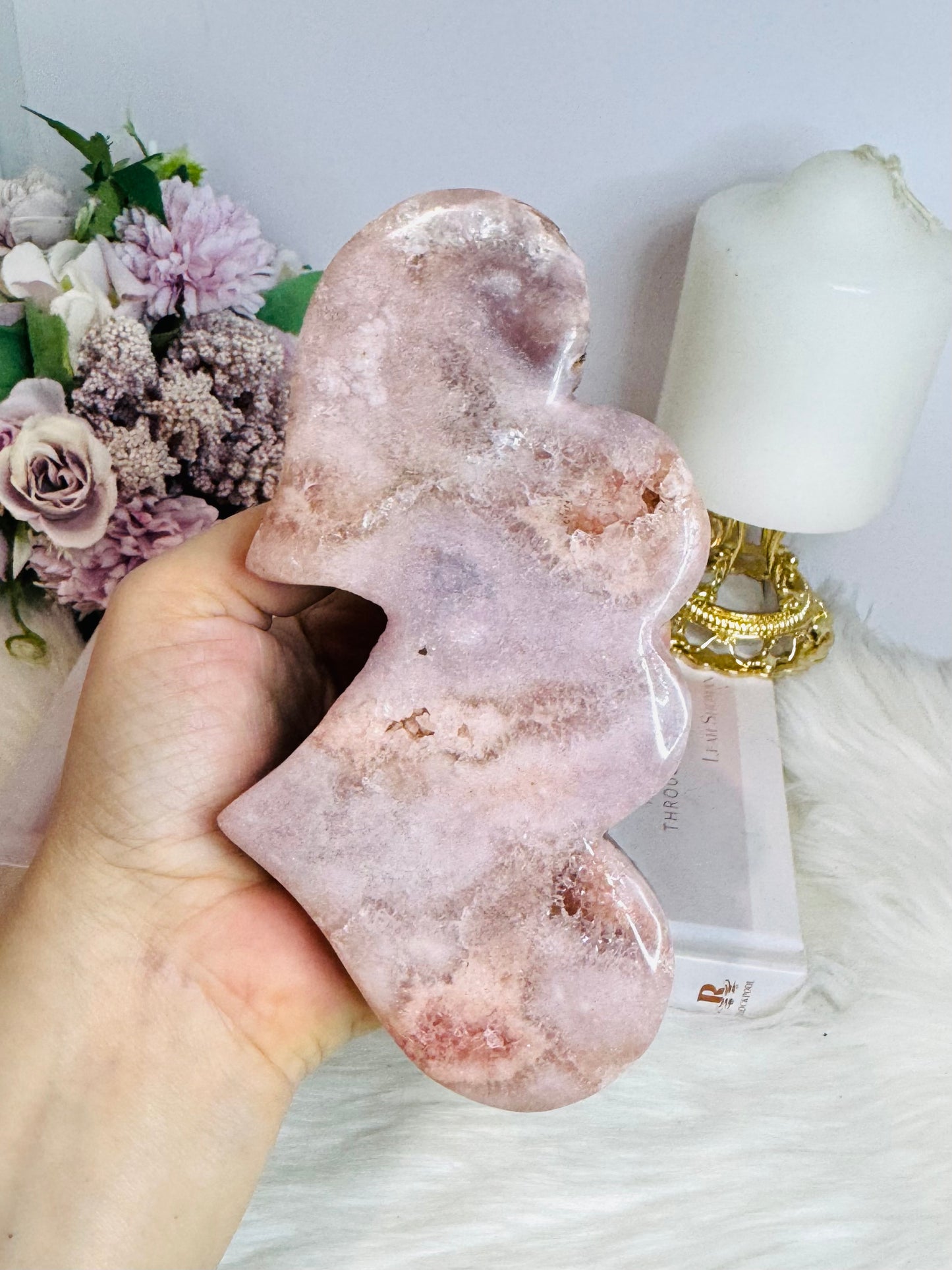 Large Pink Amethyst Druzy Double Hearts On Stand 15cm Long 473g