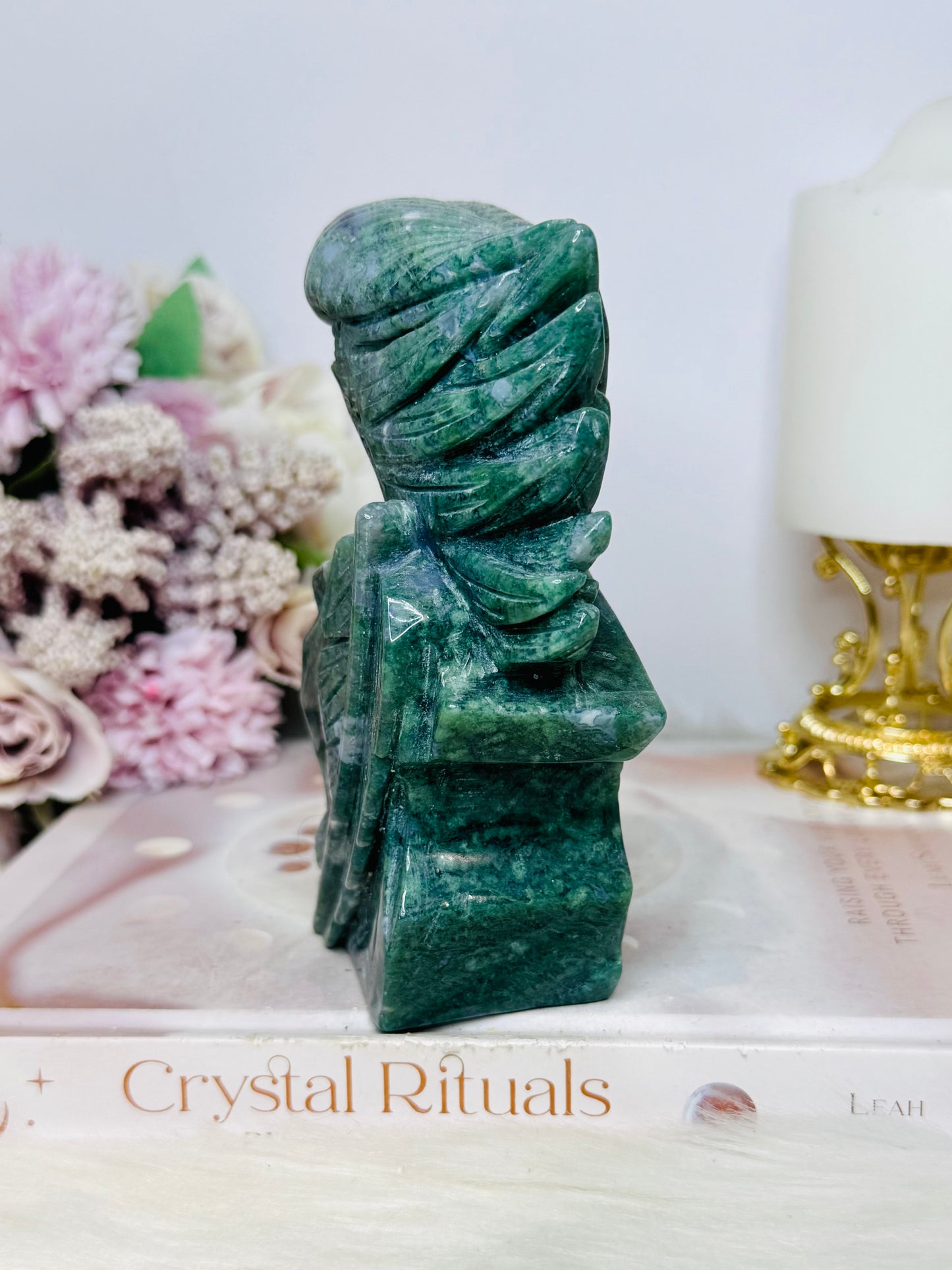 Large Perfectly Carved Moss Agate Eagle 633g 13cm