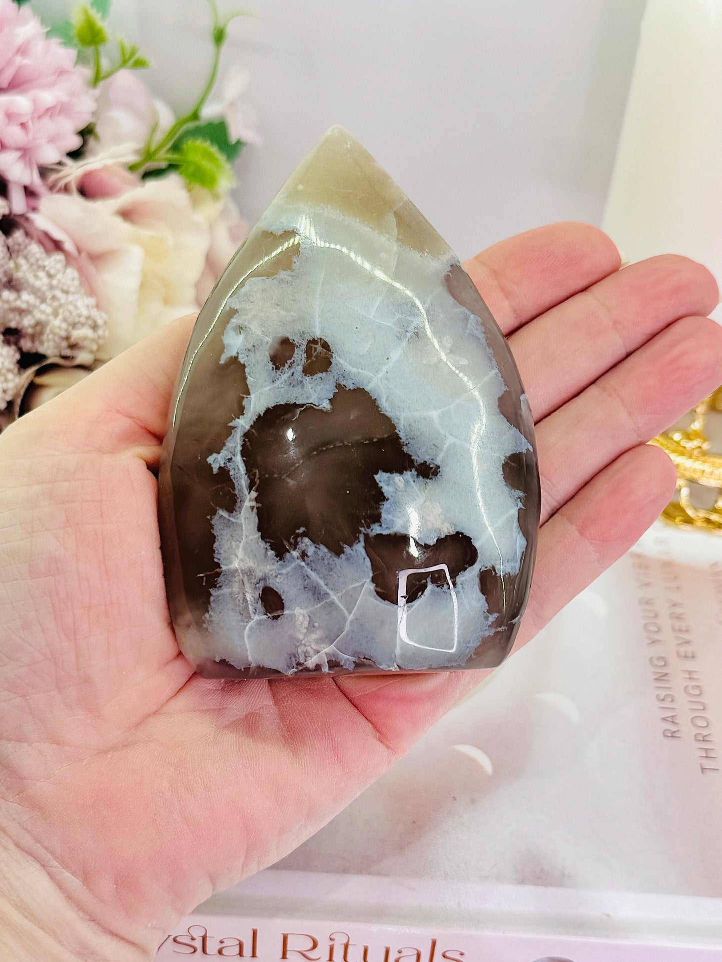 Gorgeous Puffy Green Flower Agate Carved Flame | Freeform 251grams 10cm