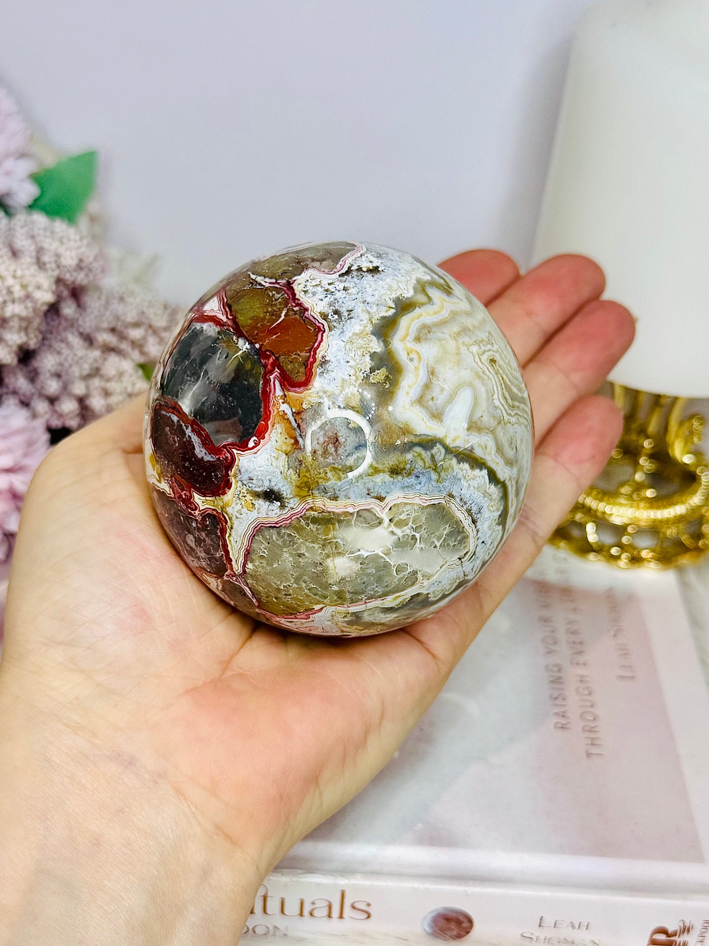 Large Mexican Crazy Lace Agate Druzy Sphere On Stand 552grams