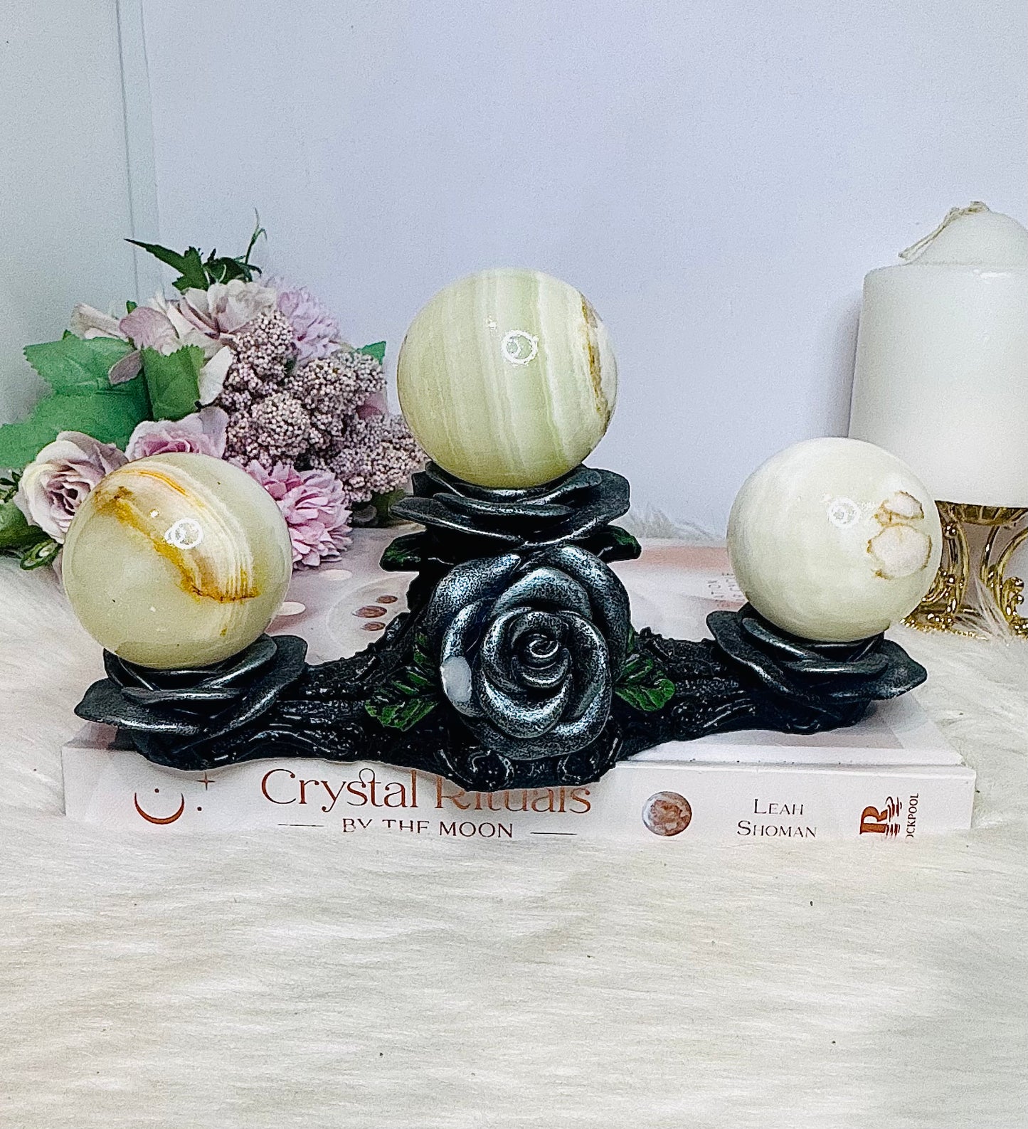 Rose Sphere Holder with 3 Green Banded Calcite (Onyx) Spheres 20.5cm 938g $65 x