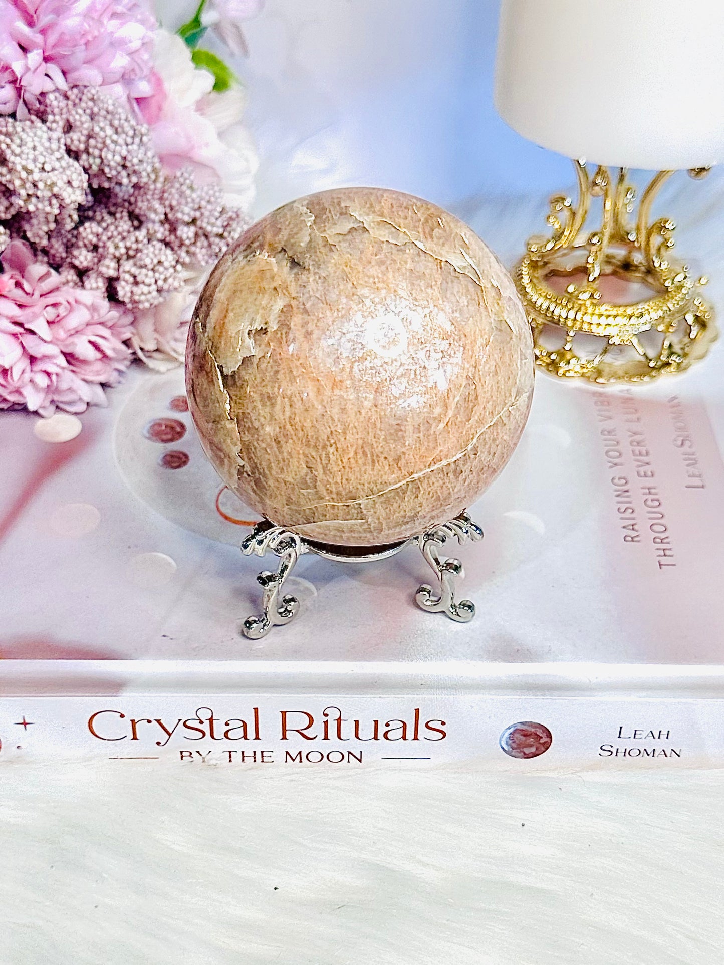 Gorgeous Large 478gram Peach Moonstone Sphere with Amazing Flash On Stand