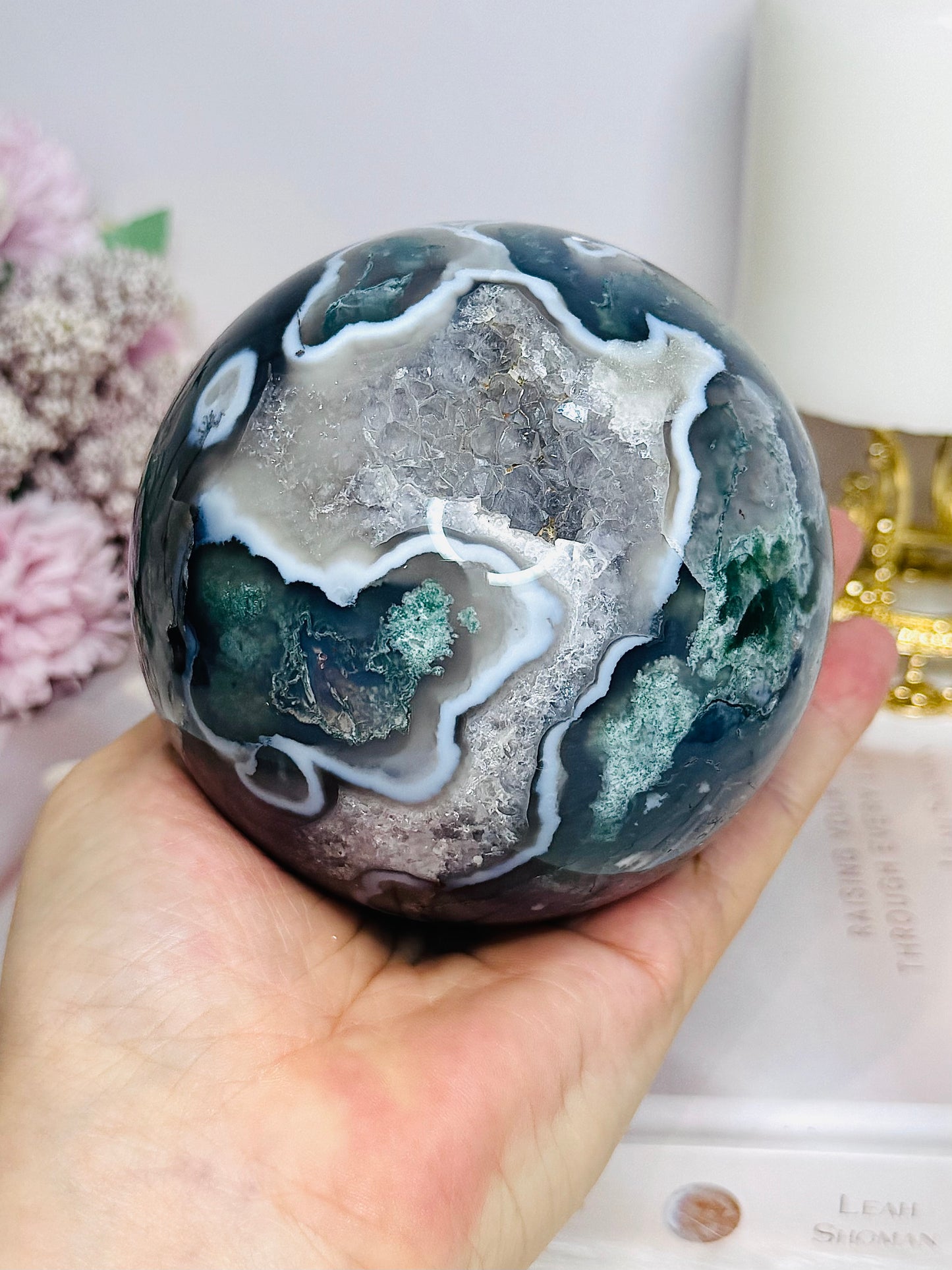 High Grade Druzy Moss Agate Sphere on Stand 1.09KG