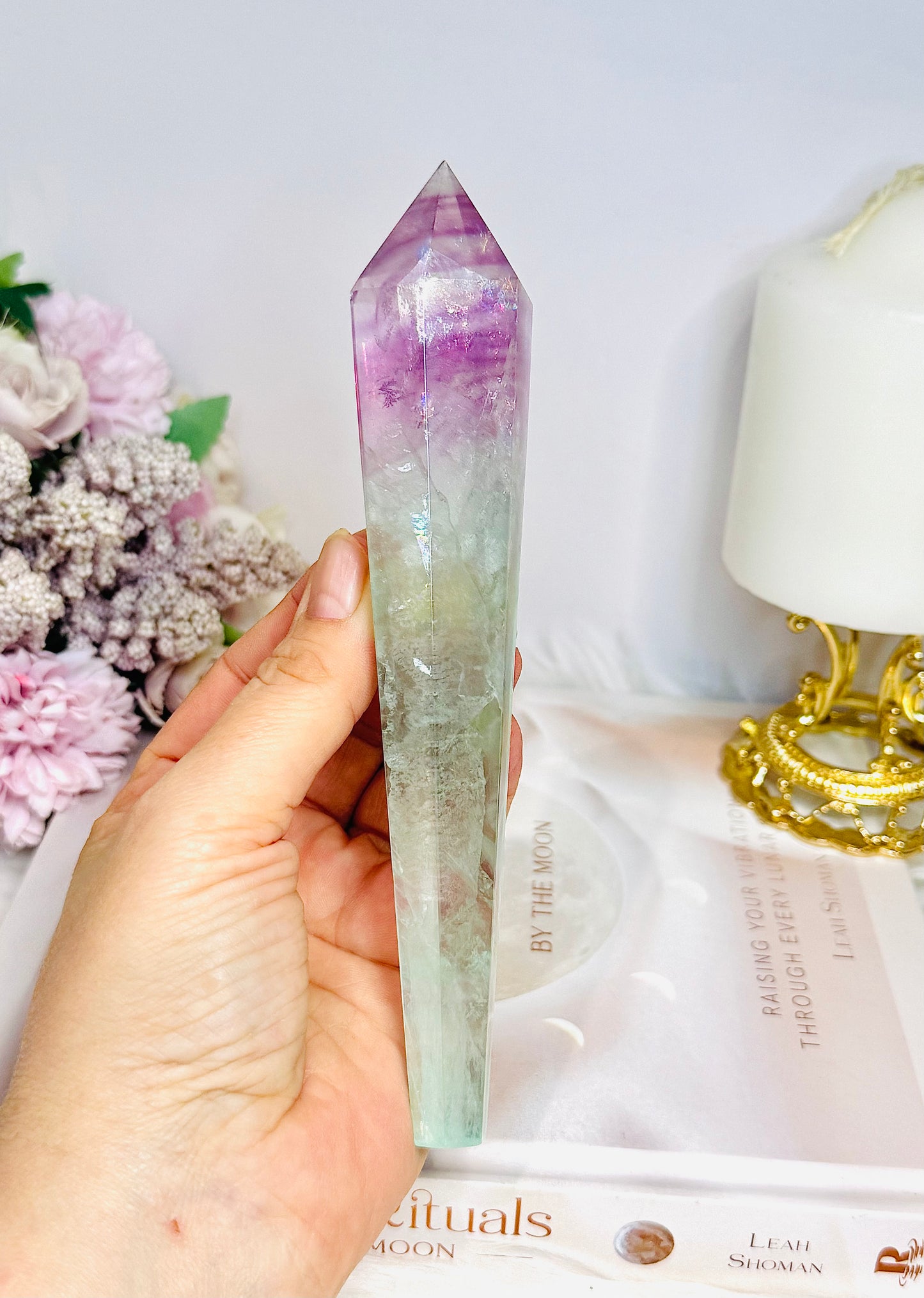 Watermelon Fluorite Wand | Tower with Rainbows  17.5cm