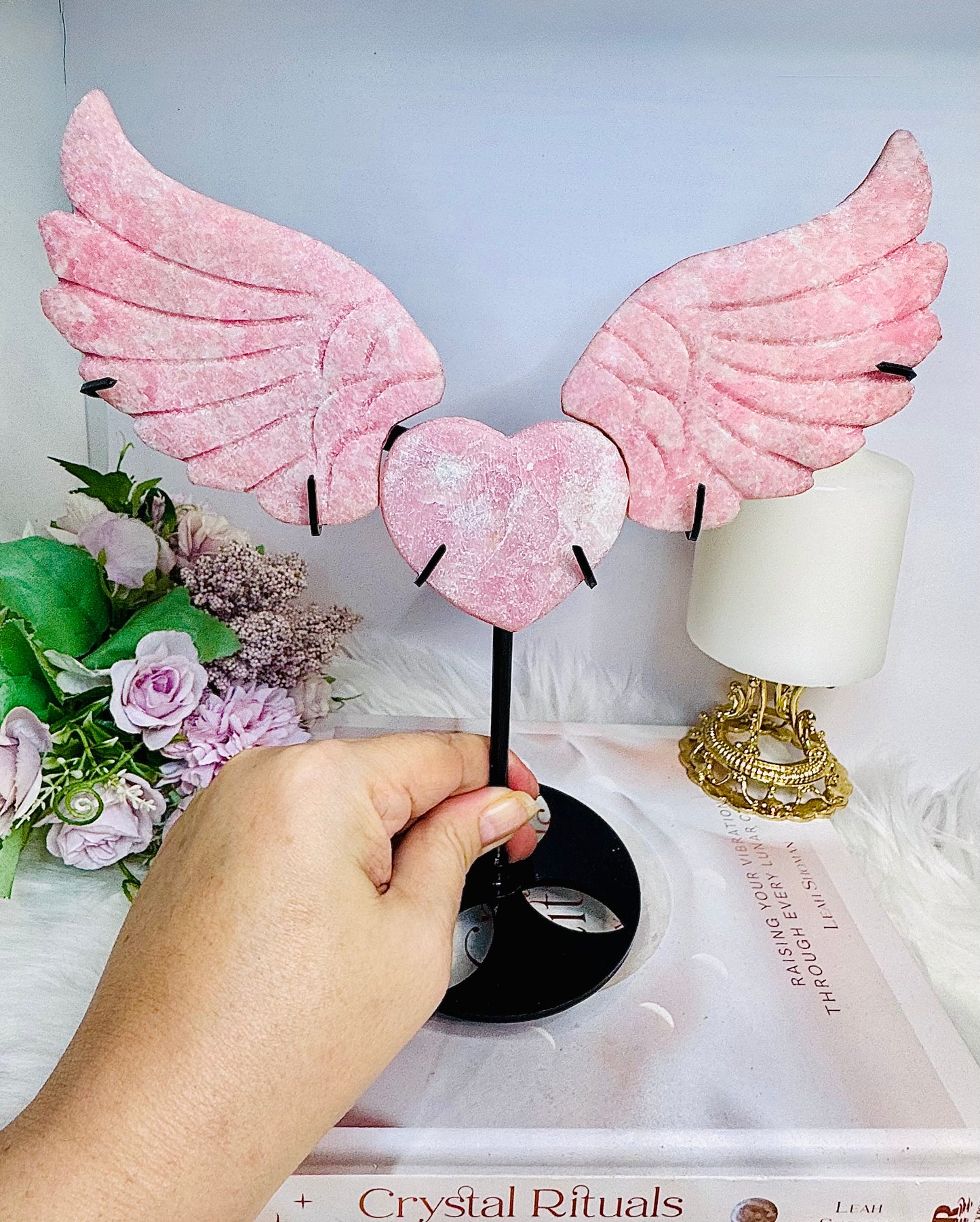 Large Pink Opal Heart with Angel Wings on Stand 23.5cm