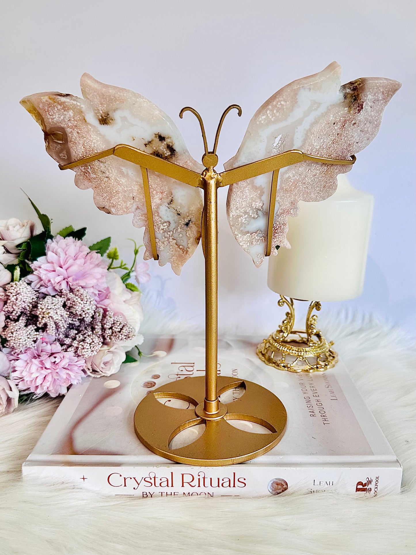 Stunning Large 22cm Druzy Pink Amethyst & Agate Carved Butterfly Wings On Gold Stand From Brazil